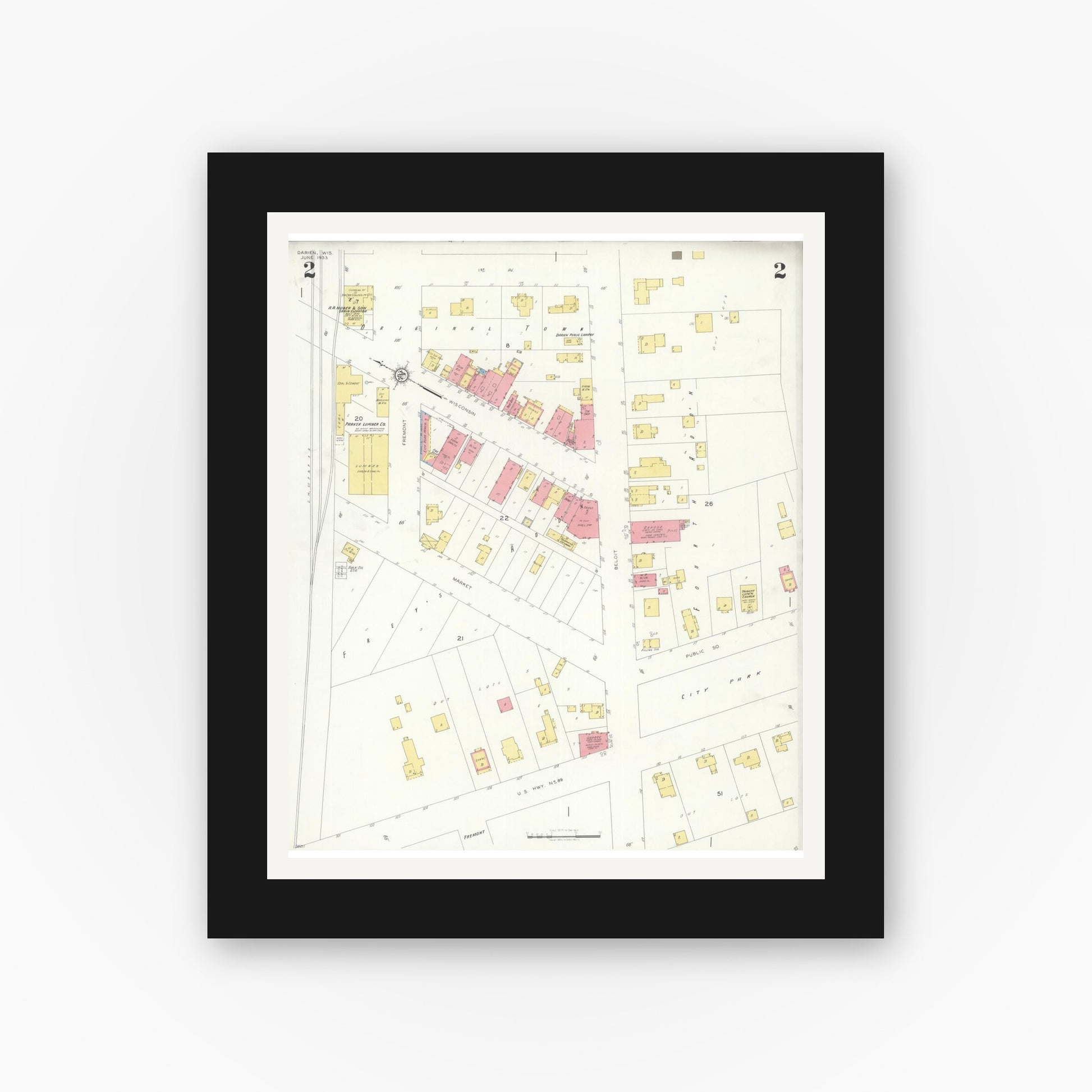Old map wall art mockup — black gallery frame with white mat — Sanborn Fire Insurance Map from Darien, Walworth County, Wisconsin (1933), Sheet #0002
