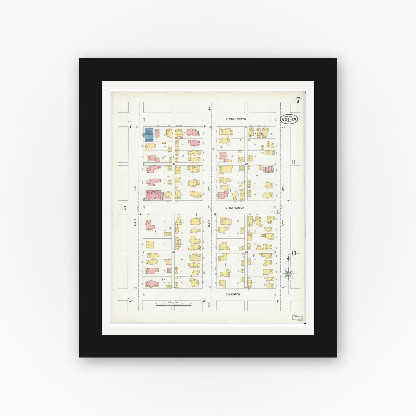 Old map wall art mockup — black gallery frame with white mat — Sanborn Fire Insurance Map from Goshen, Elkhart County, Indiana (1901), Sheet #0007