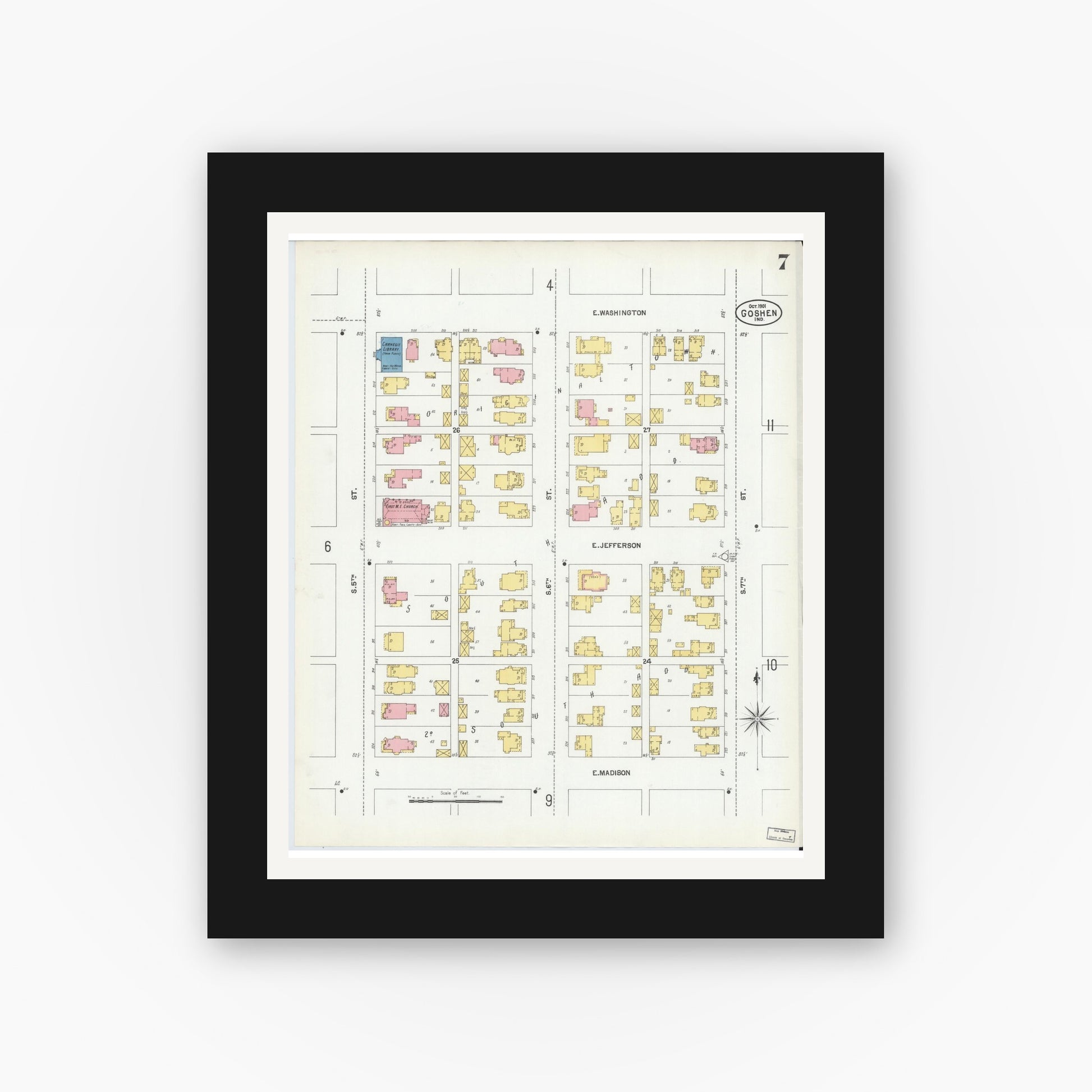 Old map wall art mockup — black gallery frame with white mat — Sanborn Fire Insurance Map from Goshen, Elkhart County, Indiana (1901), Sheet #0007