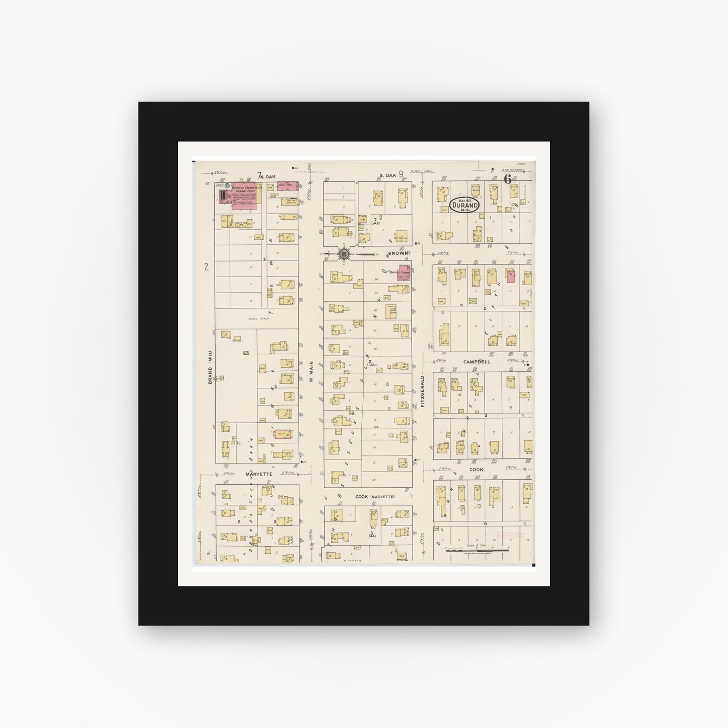 Old map wall art mockup — black gallery frame with white mat — Sanborn Fire Insurance Map from Durand, Shiawassee County, Michigan (1922), Sheet #0006