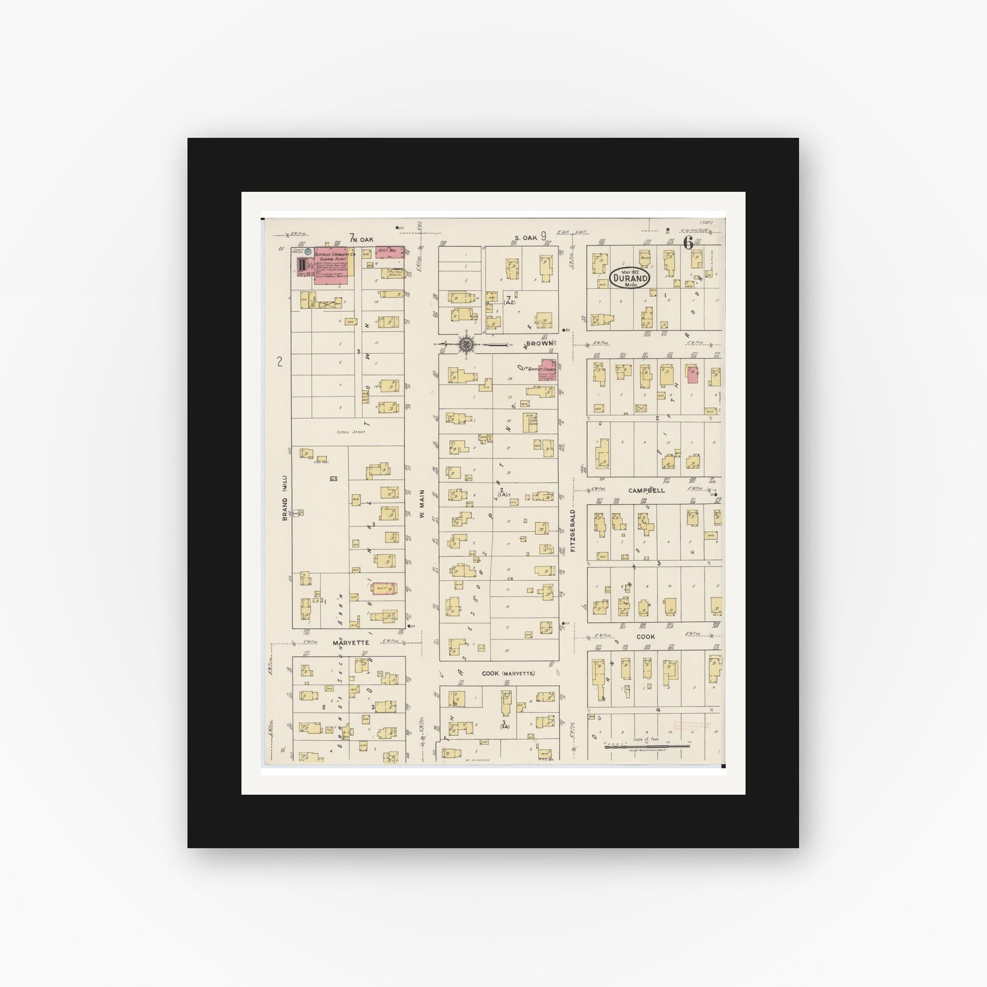 Old map wall art mockup — black gallery frame with white mat — Sanborn Fire Insurance Map from Durand, Shiawassee County, Michigan (1922), Sheet #0006