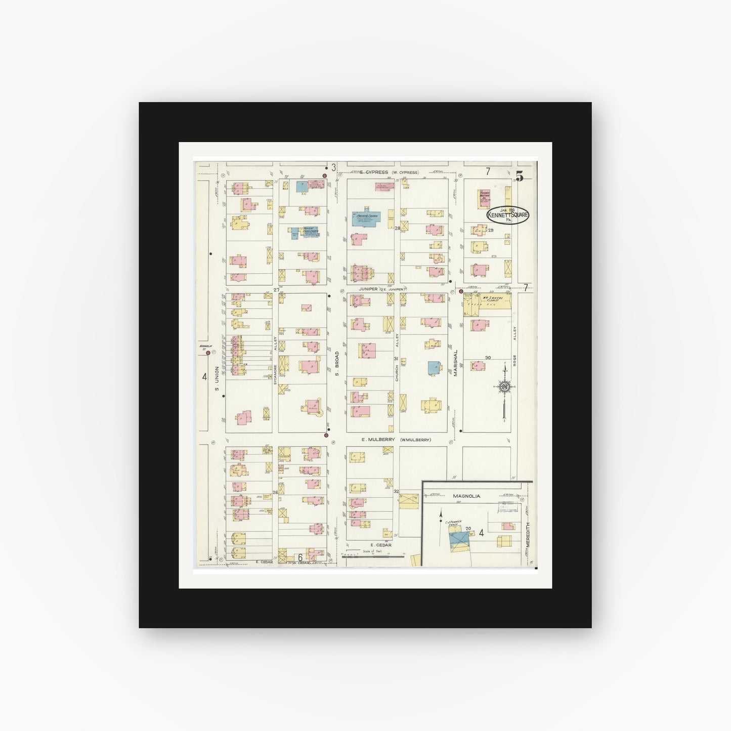Old map wall art mockup — black gallery frame with white mat — Sanborn Fire Insurance Map from Kennett Square, Chester County, Pennsylvania (1914), Sheet #0005