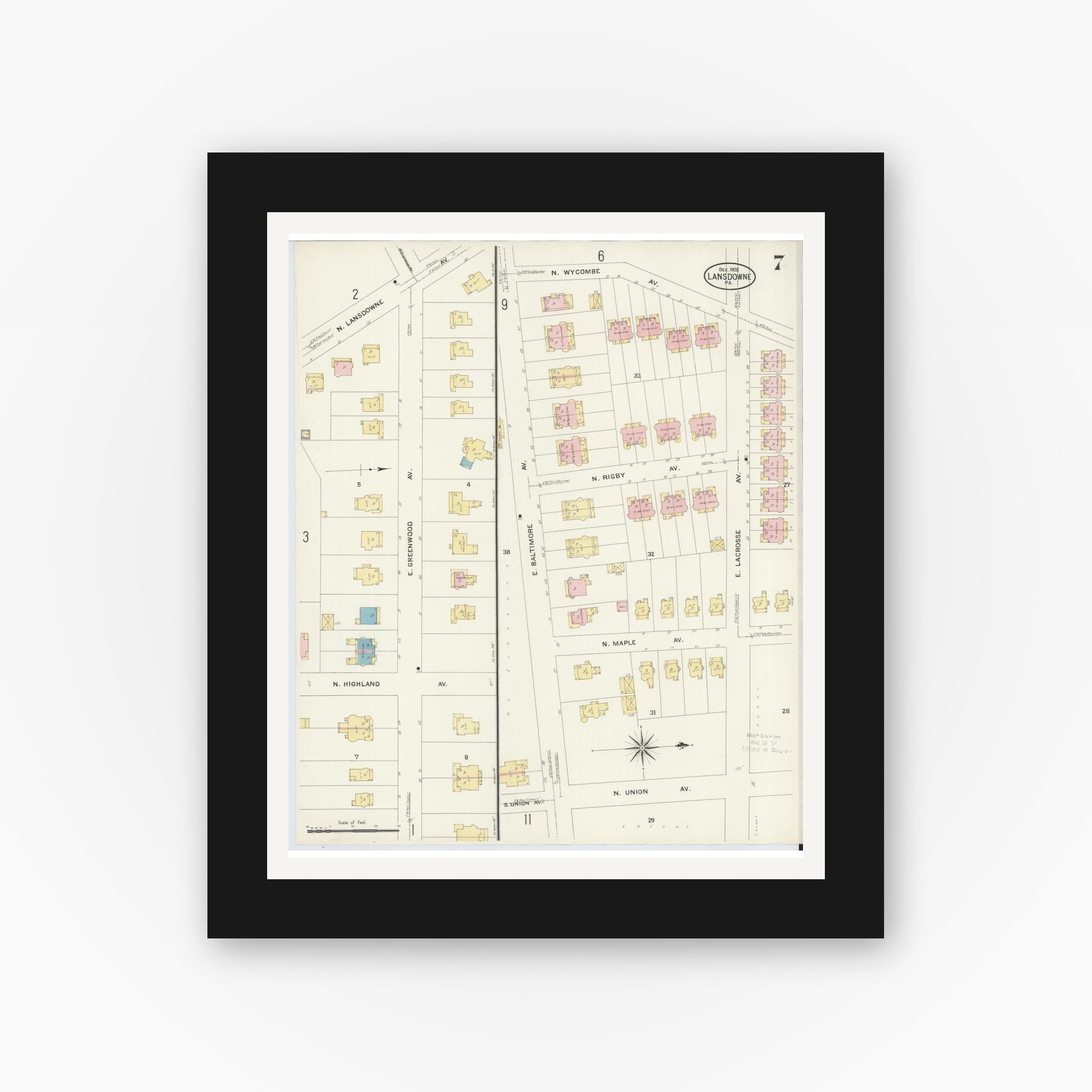 Old map wall art mockup — black gallery frame with white mat — Sanborn Fire Insurance Map from Lansdowne, Delaware County, Pennsylvania (1908), Sheet #0007