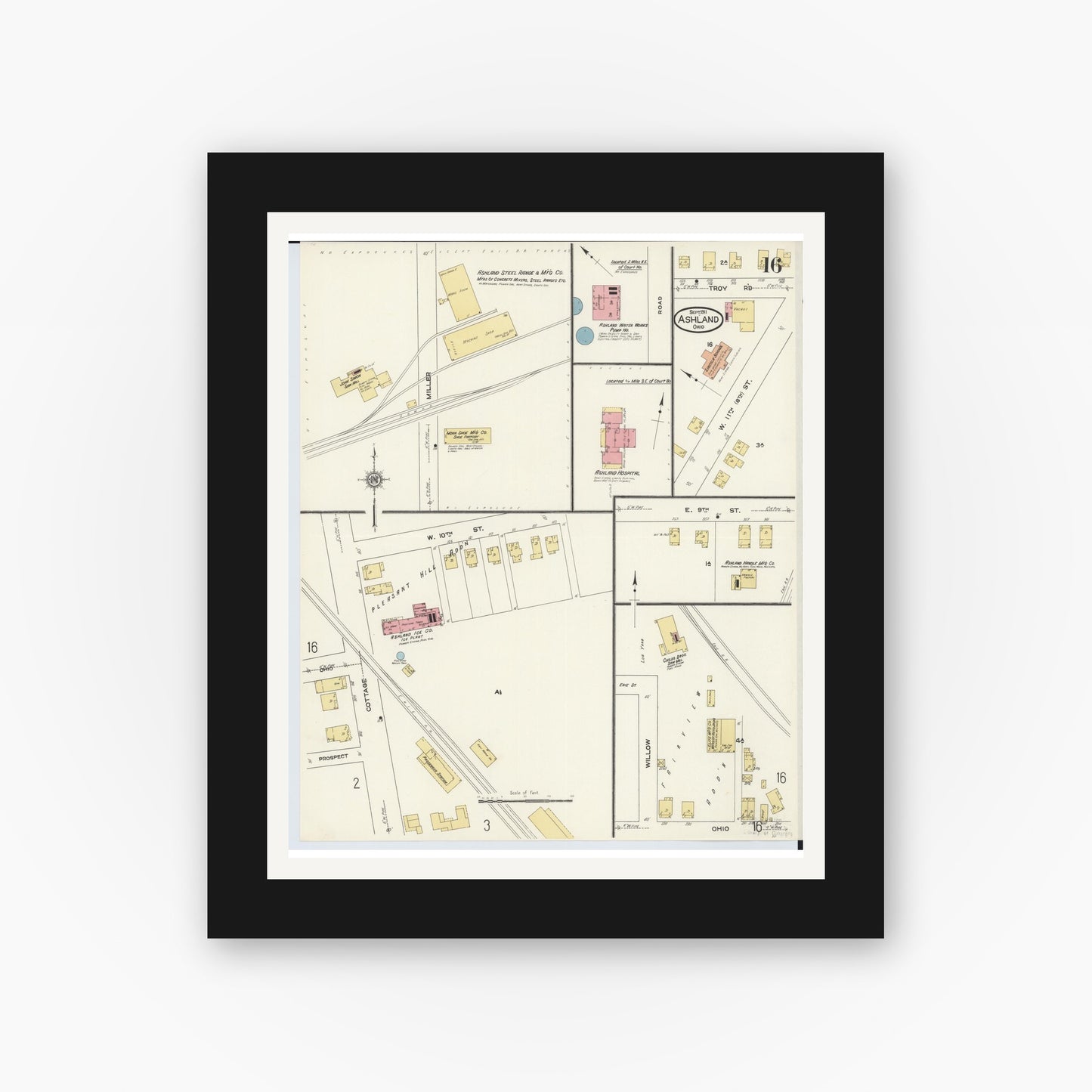 Old map wall art mockup — black gallery frame with white mat — Sanborn Fire Insurance Map from Ashland, Ashland County, Ohio (1911), Sheet #0016