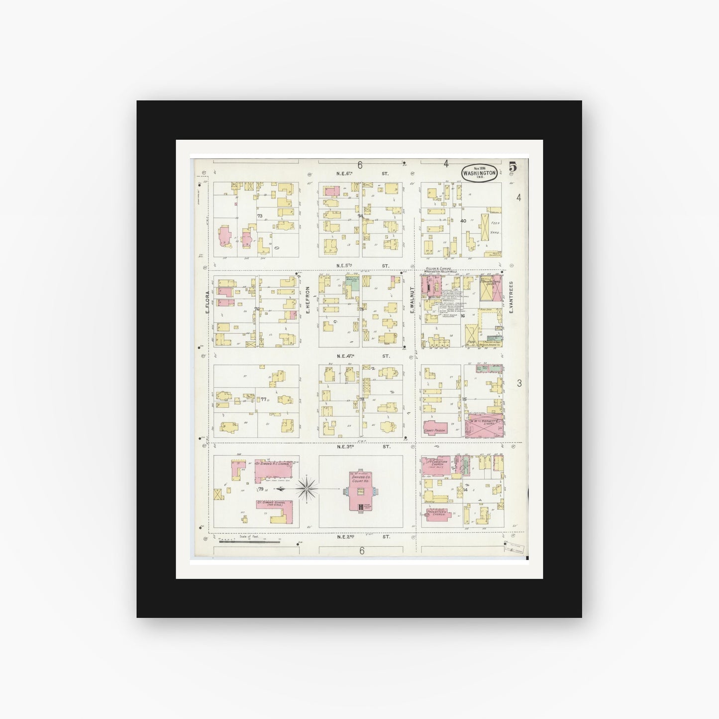 Old map wall art mockup — black gallery frame with white mat — Sanborn Fire Insurance Map from Washington, Daviess County, Indiana (1896), Sheet #0005