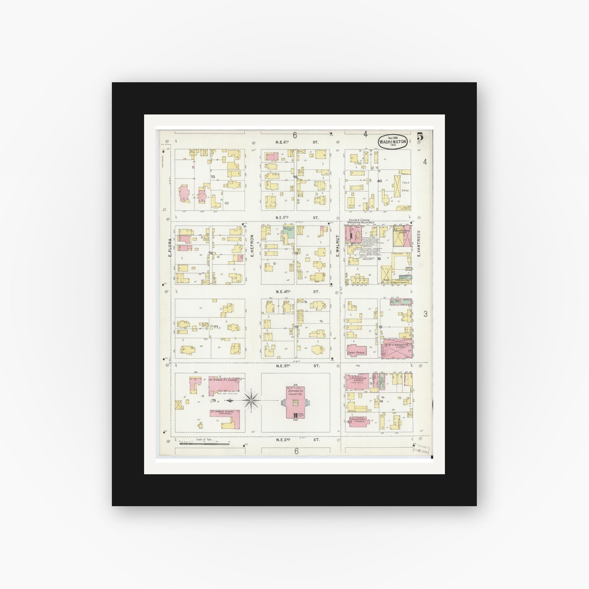 Old map wall art mockup — black gallery frame with white mat — Sanborn Fire Insurance Map from Washington, Daviess County, Indiana (1896), Sheet #0005