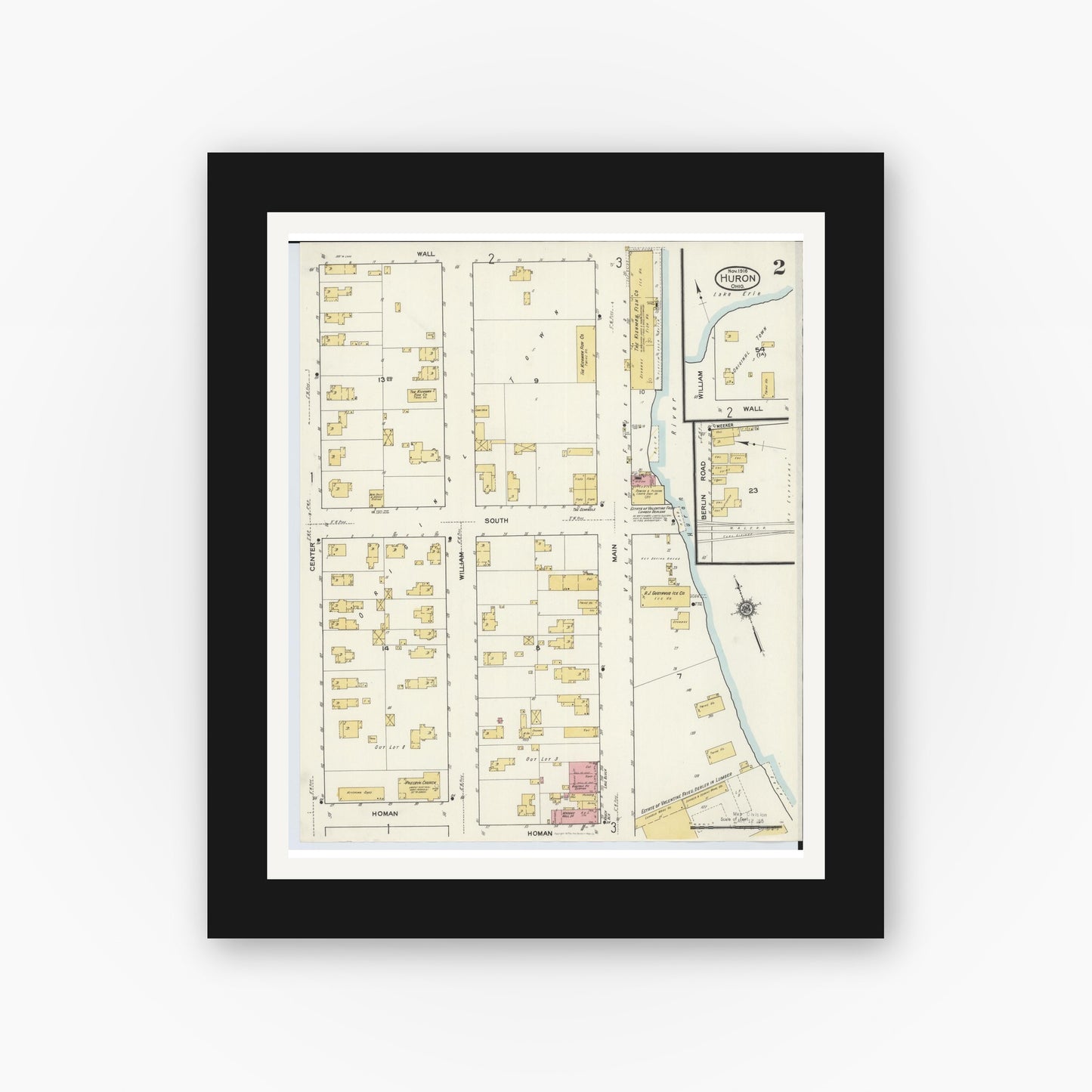 Old map wall art mockup — black gallery frame with white mat — Sanborn Fire Insurance Map from Huron, Erie County, Ohio (1916), Sheet #0002