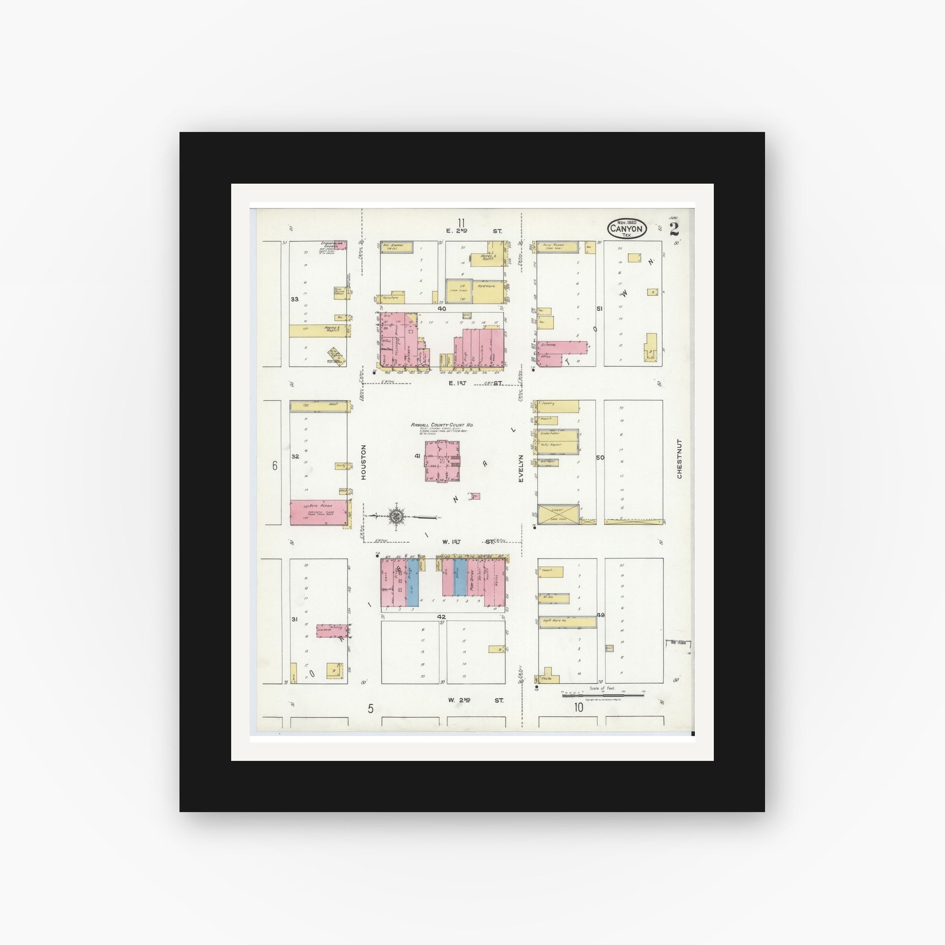 Old map wall art mockup — black gallery frame with white mat — Sanborn Fire Insurance Map from Canyon, Randall County, Texas (1920), Sheet #0002