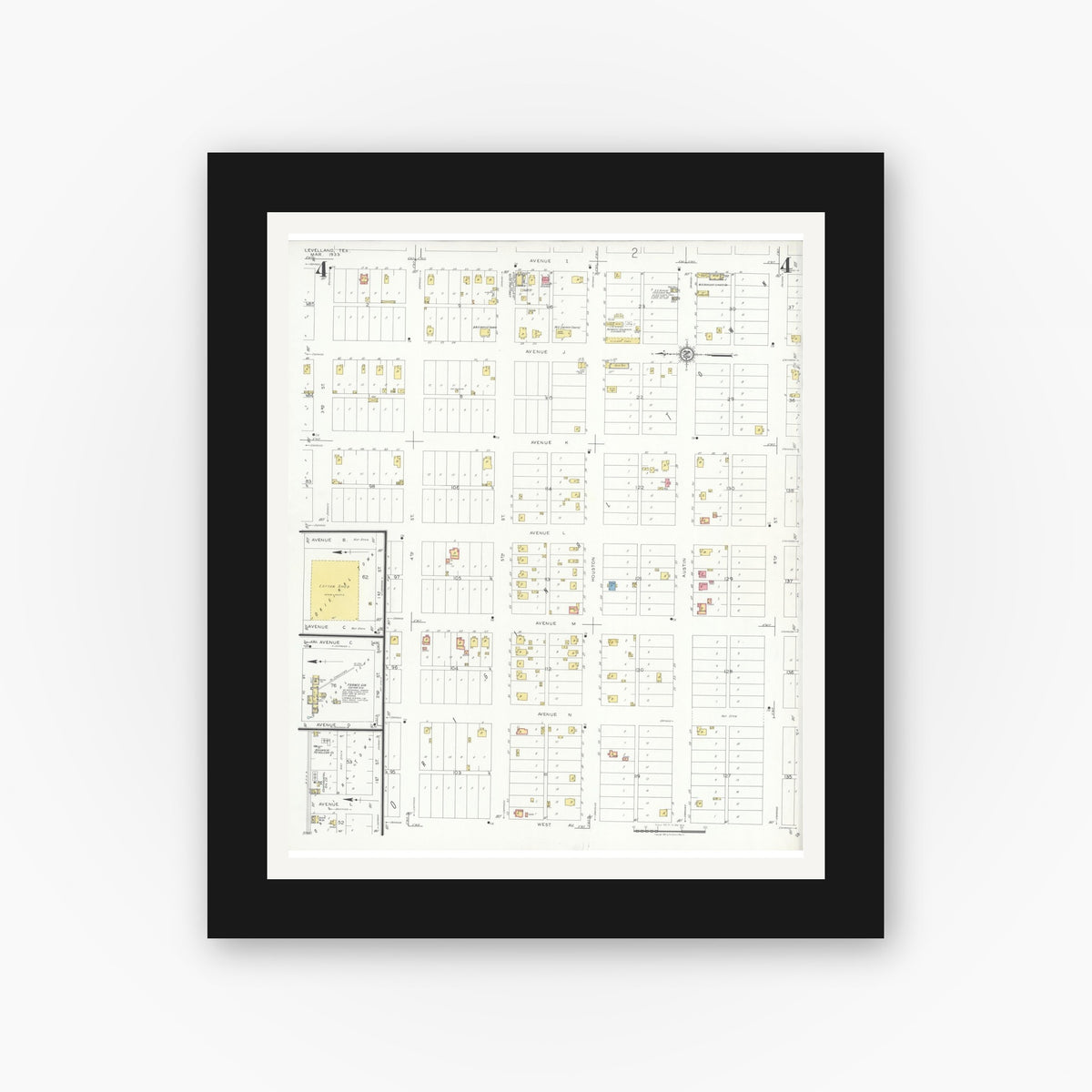 Old map wall art mockup — black gallery frame with white mat — Sanborn Fire Insurance Map from Levelland, Hockley County, Texas (1933), Sheet #0004