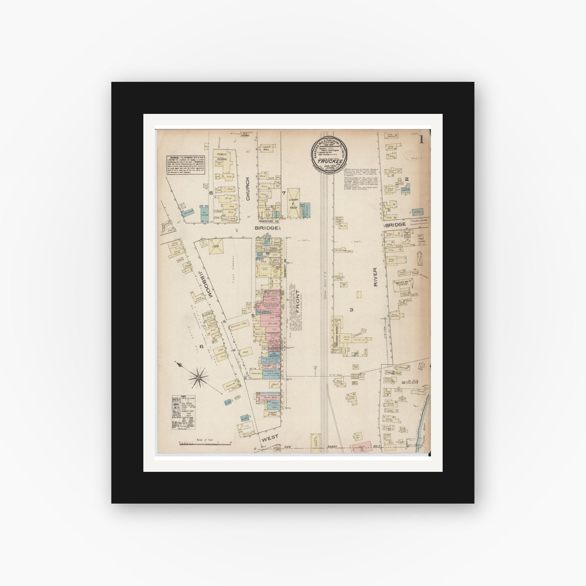 Old map wall art mockup — black gallery frame with white mat — Sanborn Fire Insurance Map from Truckee, Nevada County, California (1885) - Complete Map Set