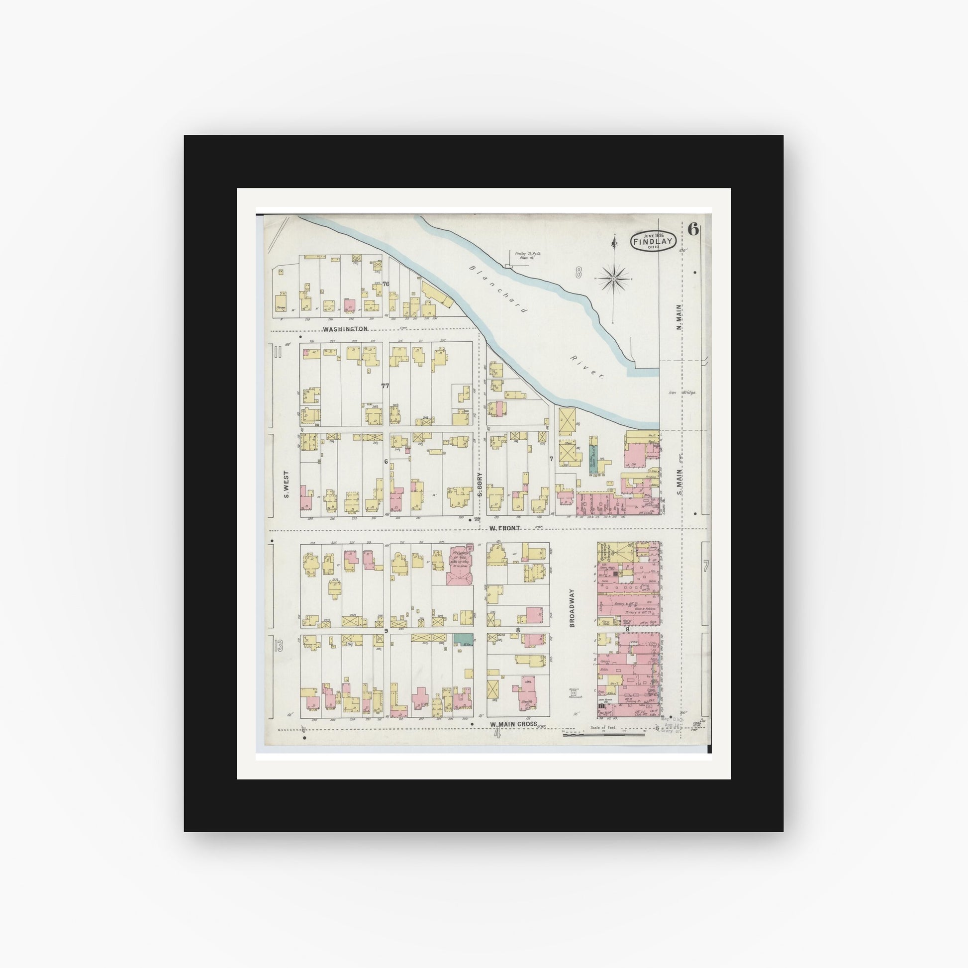 Old map wall art mockup — black gallery frame with white mat — Sanborn Fire Insurance Map from Findlay, Hancock County, Ohio (1895), Sheet #0006