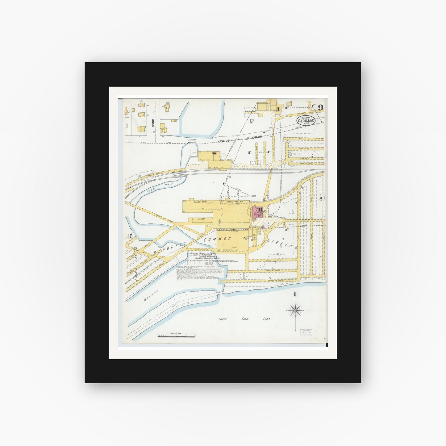 Old map wall art mockup — black gallery frame with white mat — Sanborn Fire Insurance Map from Cadillac, Wexford County, Michigan (1900), Sheet #0009