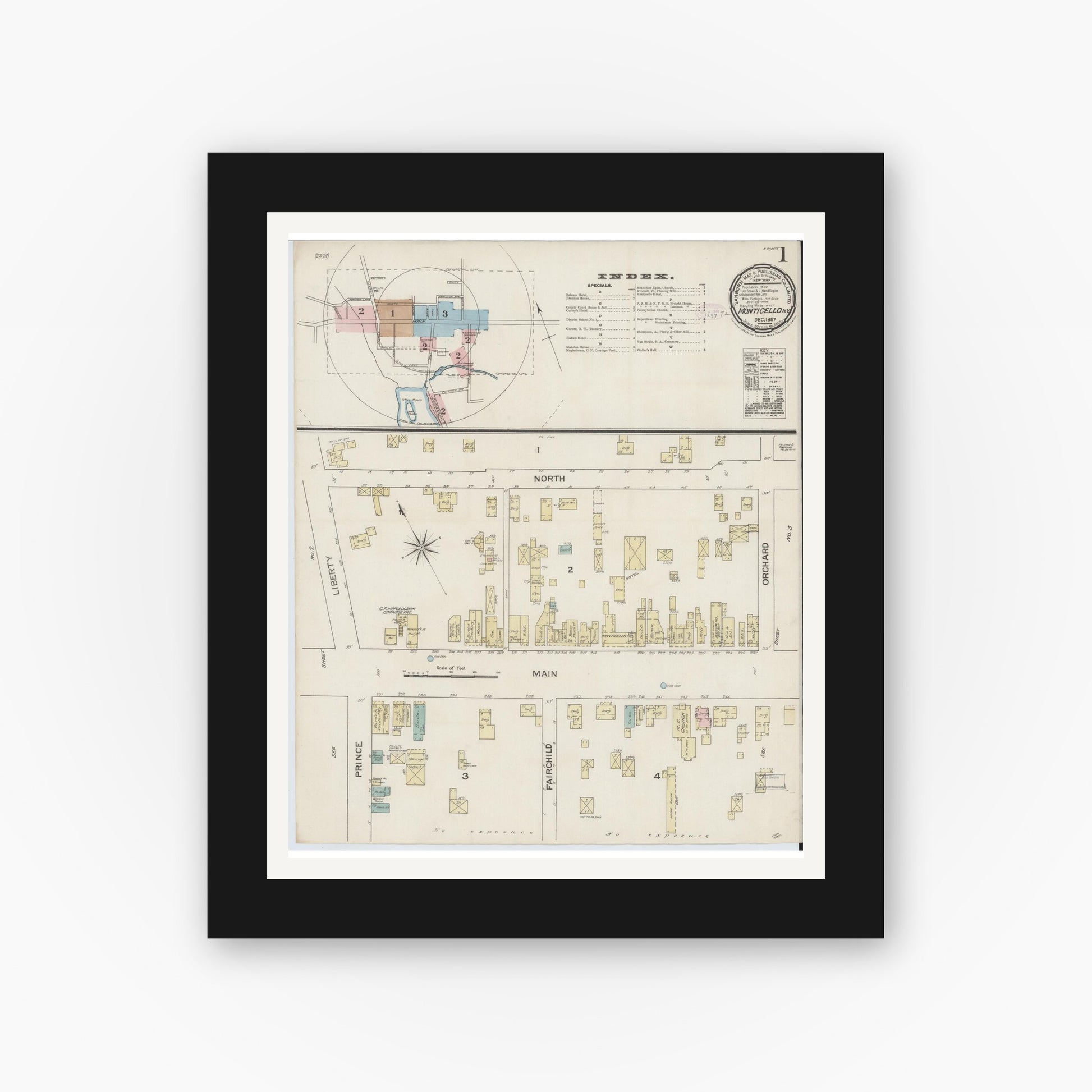 Old map wall art mockup — black gallery frame with white mat — Sanborn Fire Insurance Map from Monticello, Sullivan County, New York (1887) - Complete Map Set