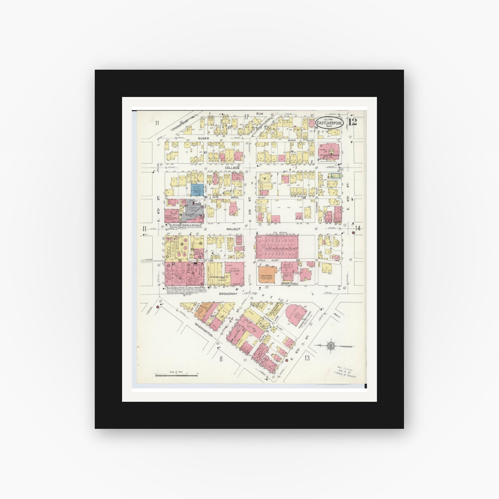 Old map wall art mockup — black gallery frame with white mat — Sanborn Fire Insurance Map from East Liverpool, Columbiana County, Ohio (1913), Sheet #0012