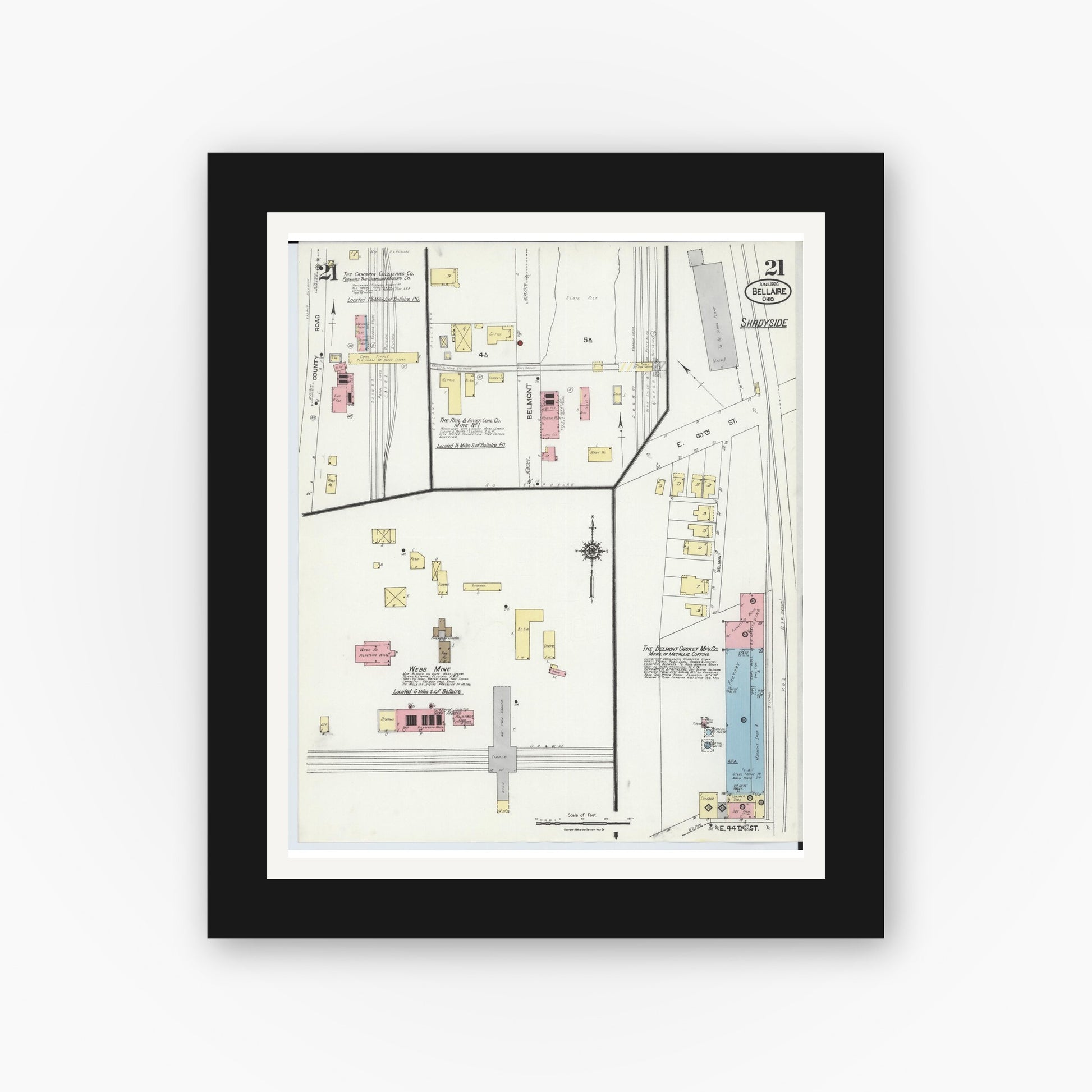 Old map wall art mockup — black gallery frame with white mat — Sanborn Fire Insurance Map from Bellaire, Belmont County, Ohio (1924), Sheet #0021