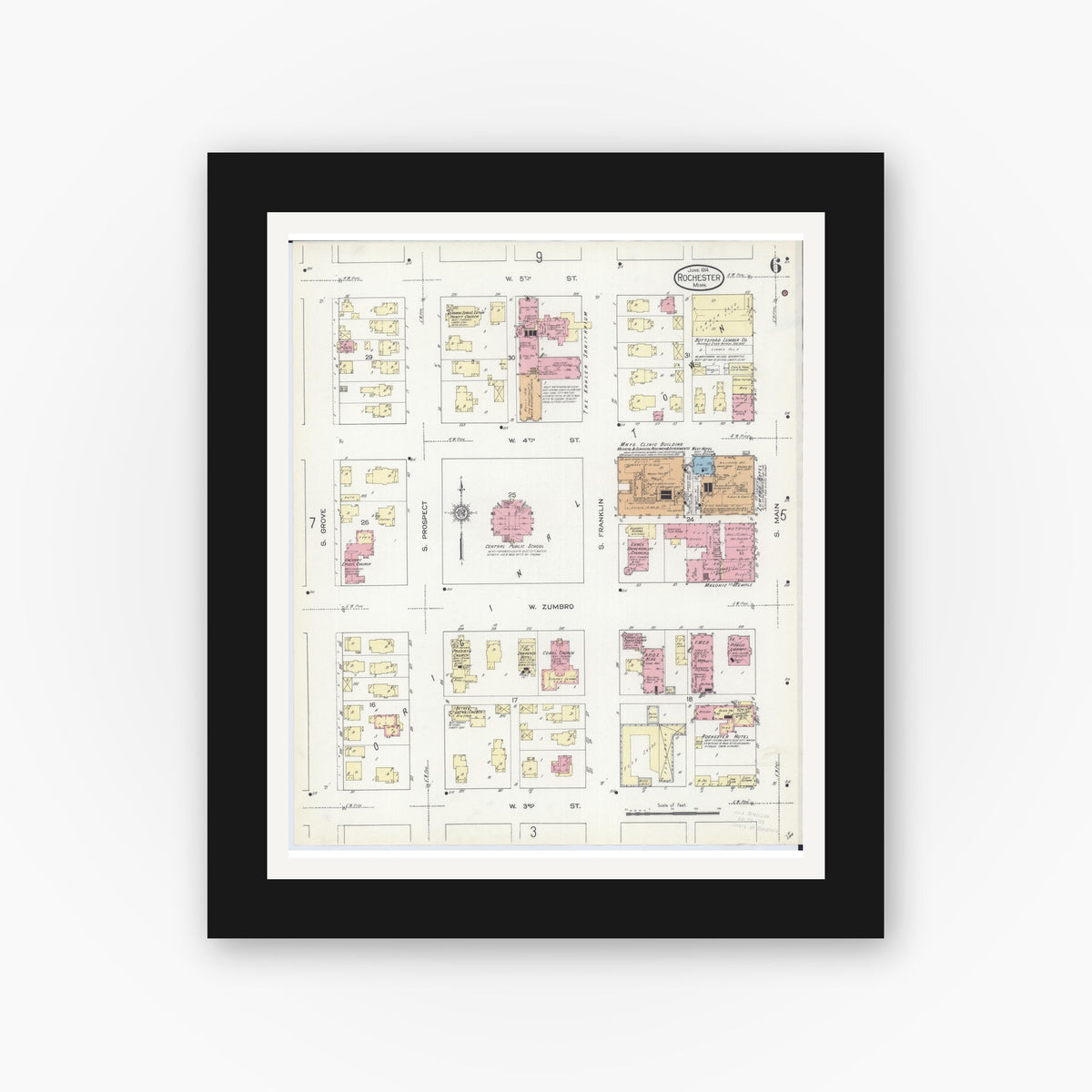 Old map wall art mockup — black gallery frame with white mat — Sanborn Fire Insurance Map from Rochester, Olmsted County, Minnesota (1914), Sheet #0006