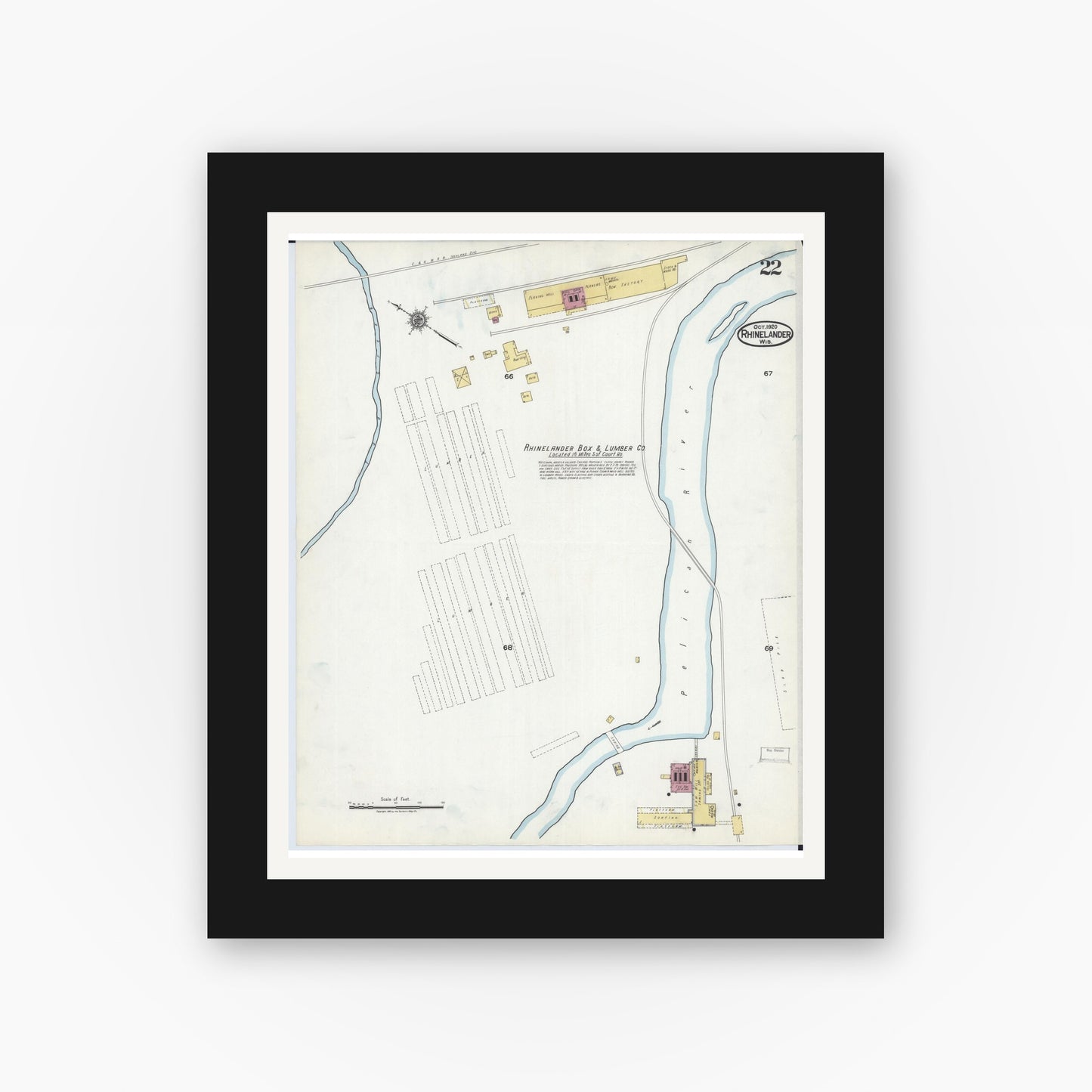 Old map wall art mockup — black gallery frame with white mat — Sanborn Fire Insurance Map from Rhinelander, Oneida County, Wisconsin (1920), Sheet #0022