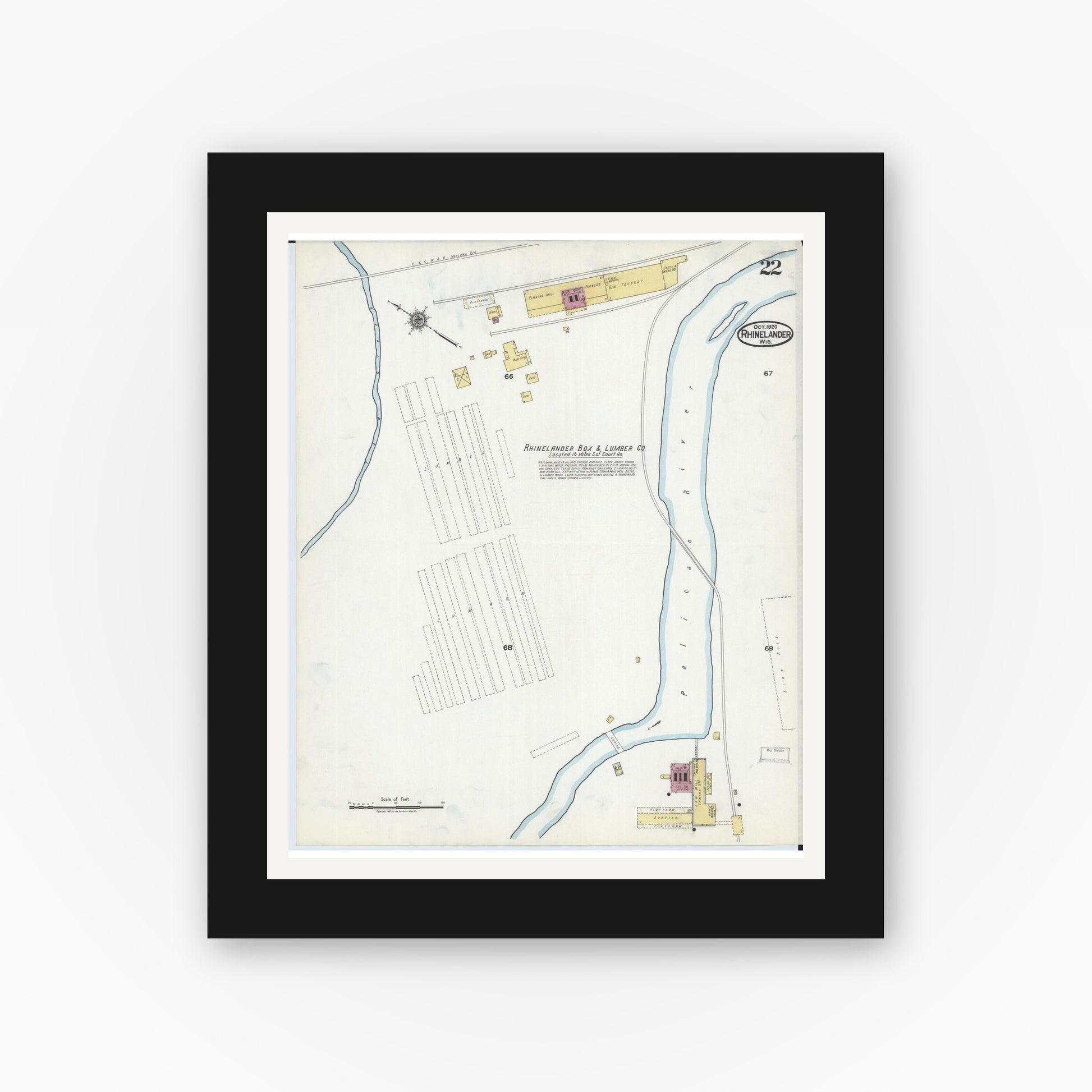 Old map wall art mockup — black gallery frame with white mat — Sanborn Fire Insurance Map from Rhinelander, Oneida County, Wisconsin (1920), Sheet #0022