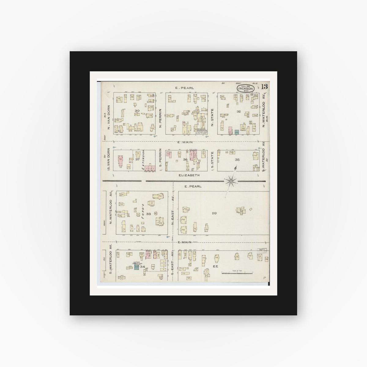 Old map wall art mockup — black gallery frame with white mat — Sanborn Fire Insurance Map from Jackson, Jackson County, Michigan (1886), Sheet #0013