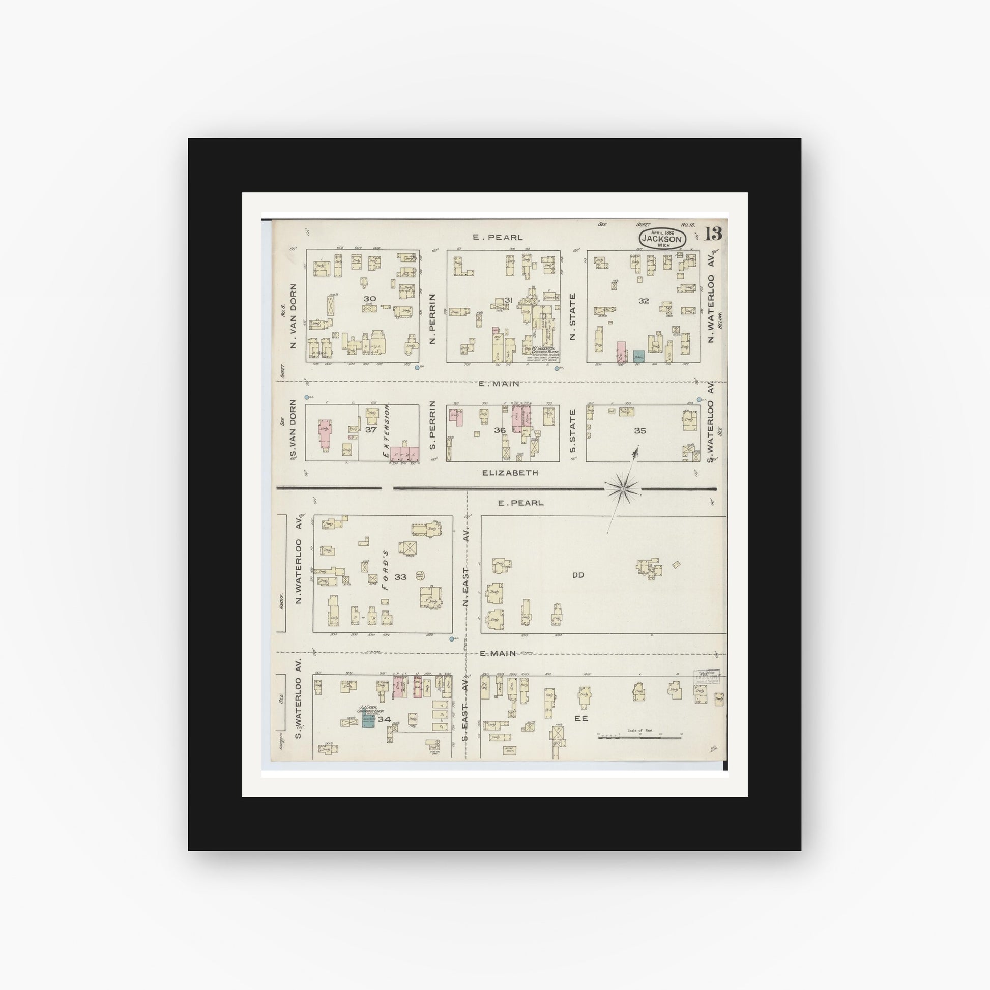 Old map wall art mockup — black gallery frame with white mat — Sanborn Fire Insurance Map from Jackson, Jackson County, Michigan (1886), Sheet #0013
