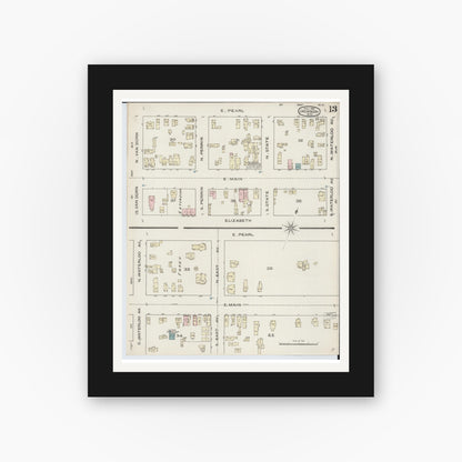 Old map wall art mockup — black gallery frame with white mat — Sanborn Fire Insurance Map from Jackson, Jackson County, Michigan (1886), Sheet #0013