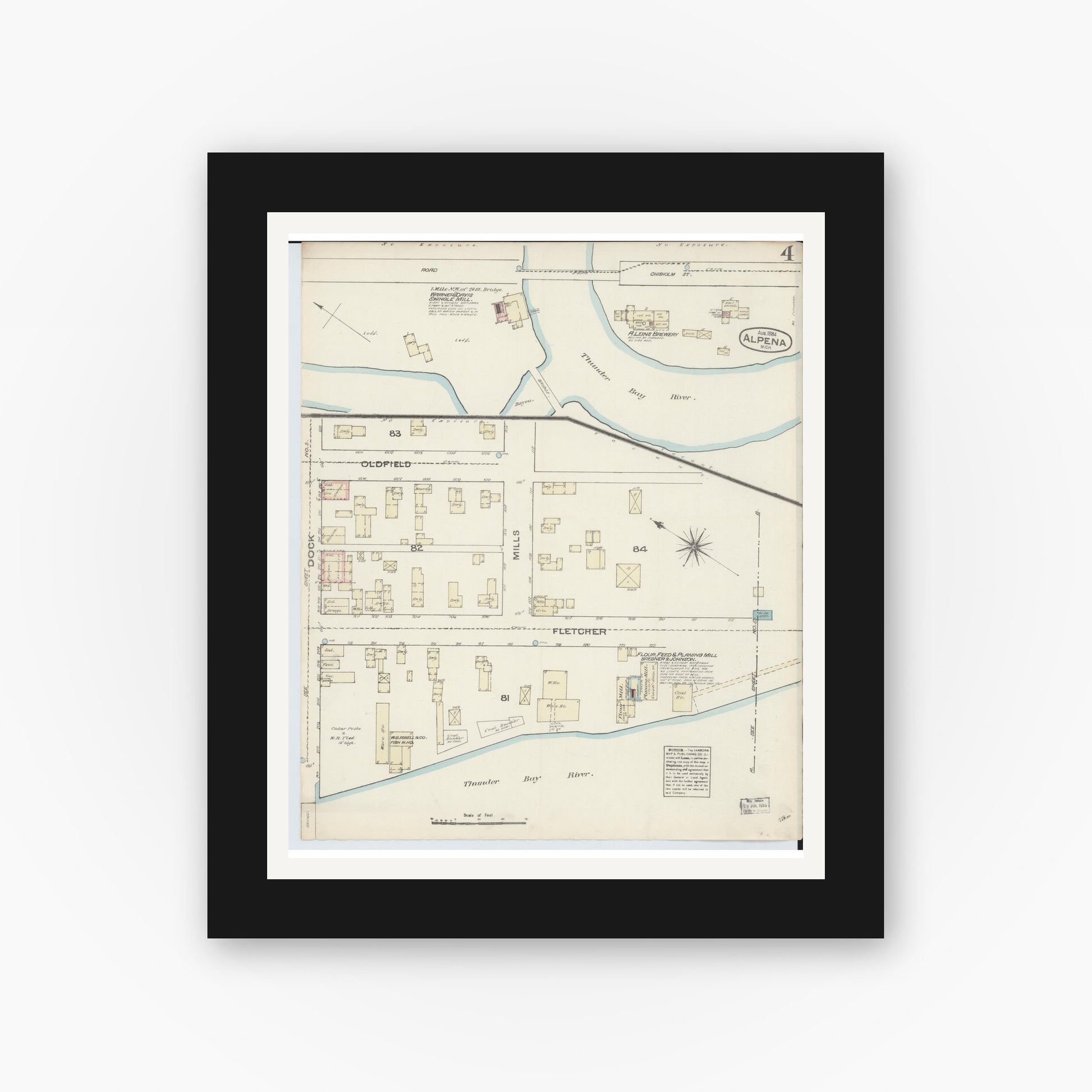 Old map wall art mockup — black gallery frame with white mat — Sanborn Fire Insurance Map from Alpena, Alpena County, Michigan (1884), Sheet #0004
