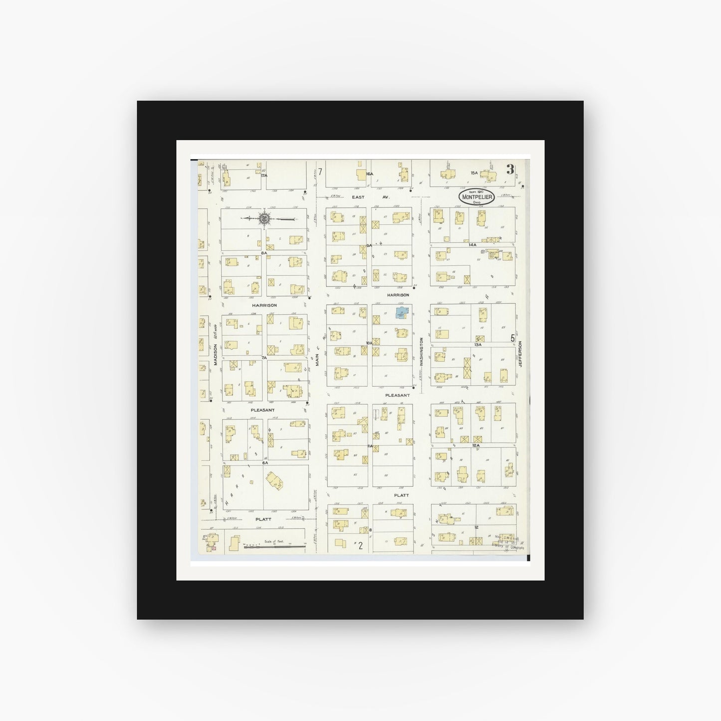 Old map wall art mockup — black gallery frame with white mat — Sanborn Fire Insurance Map from Montpelier, Williams County, Ohio (1910), Sheet #0003