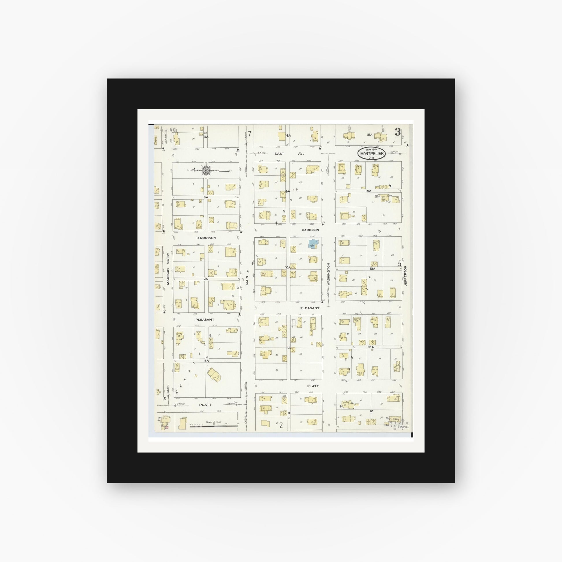 Old map wall art mockup — black gallery frame with white mat — Sanborn Fire Insurance Map from Montpelier, Williams County, Ohio (1910), Sheet #0003
