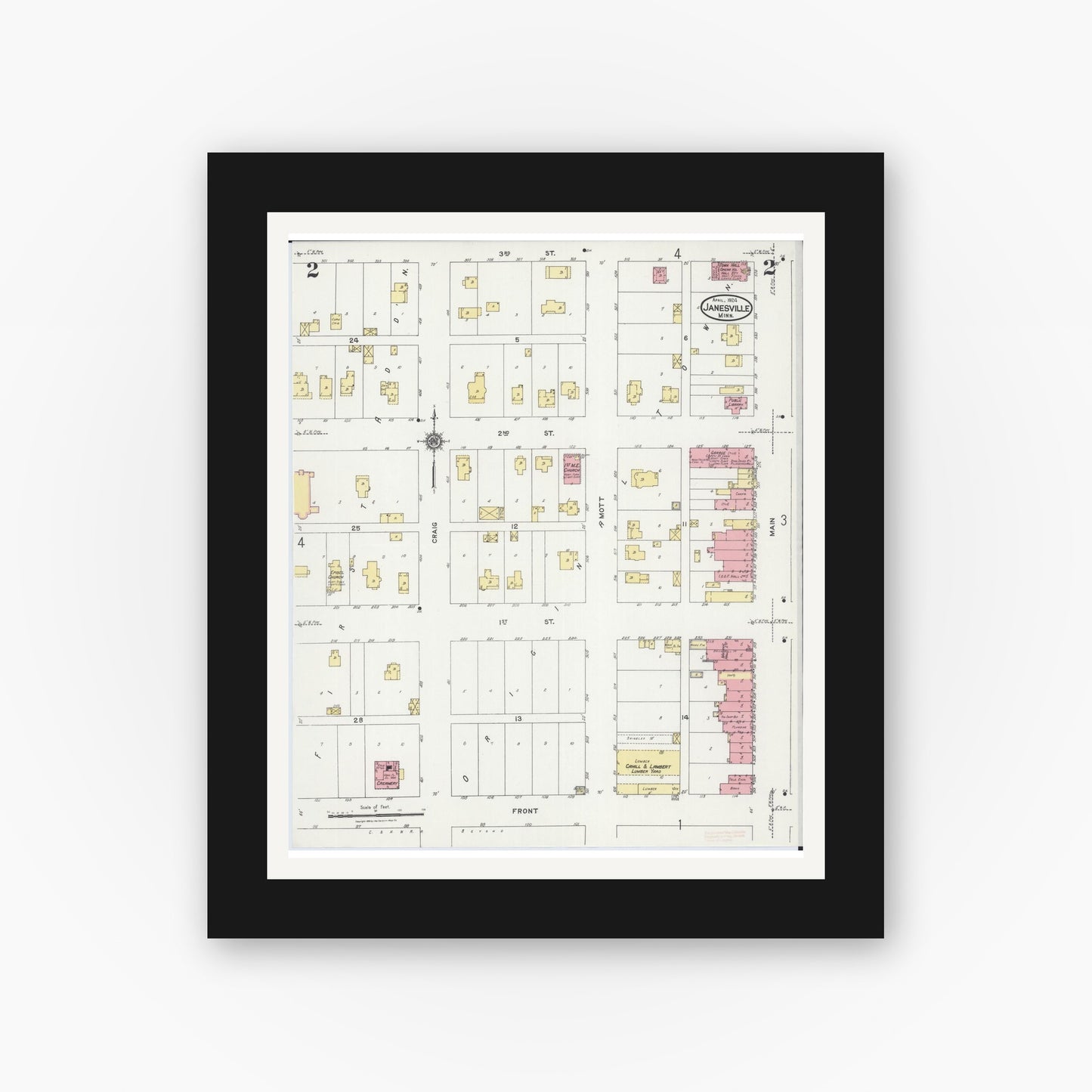Old map wall art mockup — black gallery frame with white mat — Sanborn Fire Insurance Map from Janesville, Waseca County, Minnesota (1924), Sheet #0002