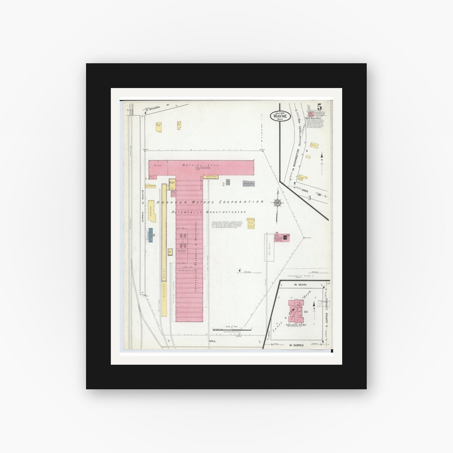 Old map wall art mockup — black gallery frame with white mat — Sanborn Fire Insurance Map from Wayne, Wayne County, Michigan (1919), Sheet #0005