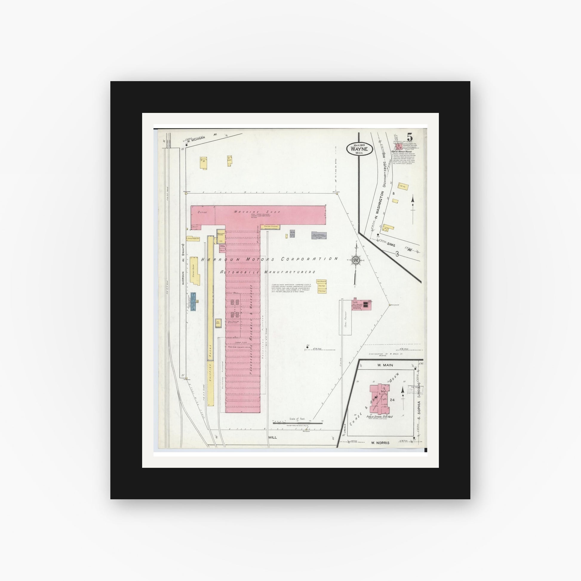 Old map wall art mockup — black gallery frame with white mat — Sanborn Fire Insurance Map from Wayne, Wayne County, Michigan (1919), Sheet #0005