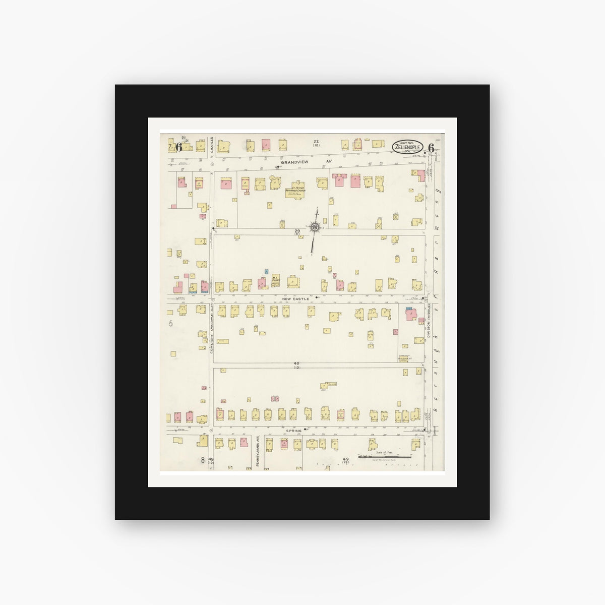 Old map wall art mockup — black gallery frame with white mat — Sanborn Fire Insurance Map from Zelienople, Butler County, Pennsylvania (1925), Sheet #0006
