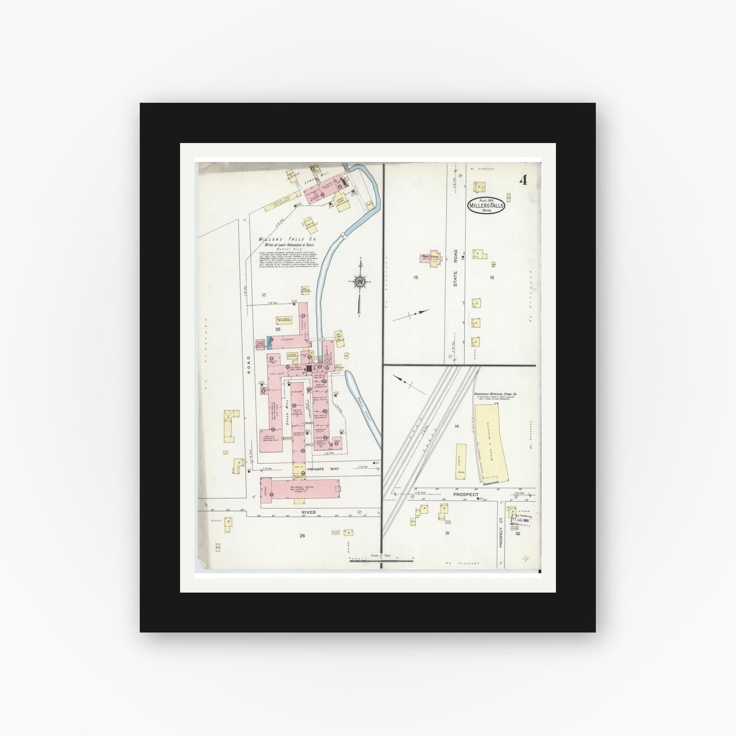 Old map wall art mockup — black gallery frame with white mat — Sanborn Fire Insurance Map from Millers Falls, Franklin County, Massachusetts (1914), Sheet #0004