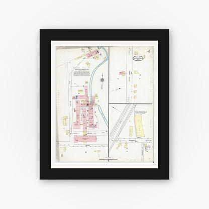 Old map wall art mockup — black gallery frame with white mat — Sanborn Fire Insurance Map from Millers Falls, Franklin County, Massachusetts (1914), Sheet #0004