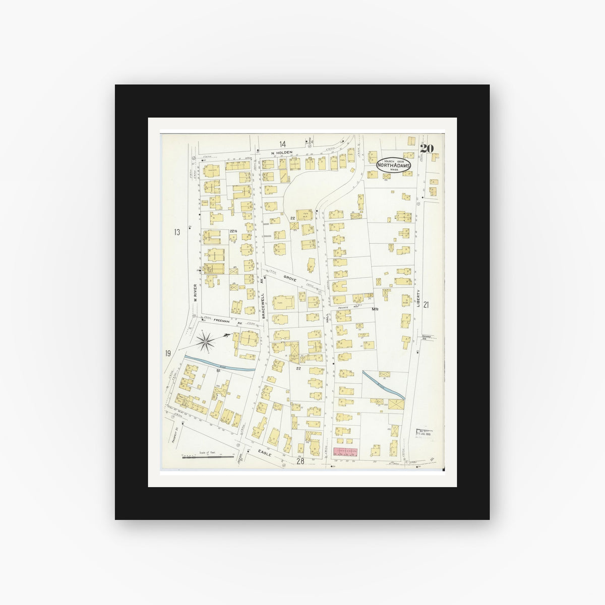 Old map wall art mockup — black gallery frame with white mat — Sanborn Fire Insurance Map from North Adams, Berkshire County, Massachusetts (1908), Sheet #0020