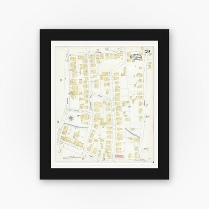 Old map wall art mockup — black gallery frame with white mat — Sanborn Fire Insurance Map from North Adams, Berkshire County, Massachusetts (1908), Sheet #0020