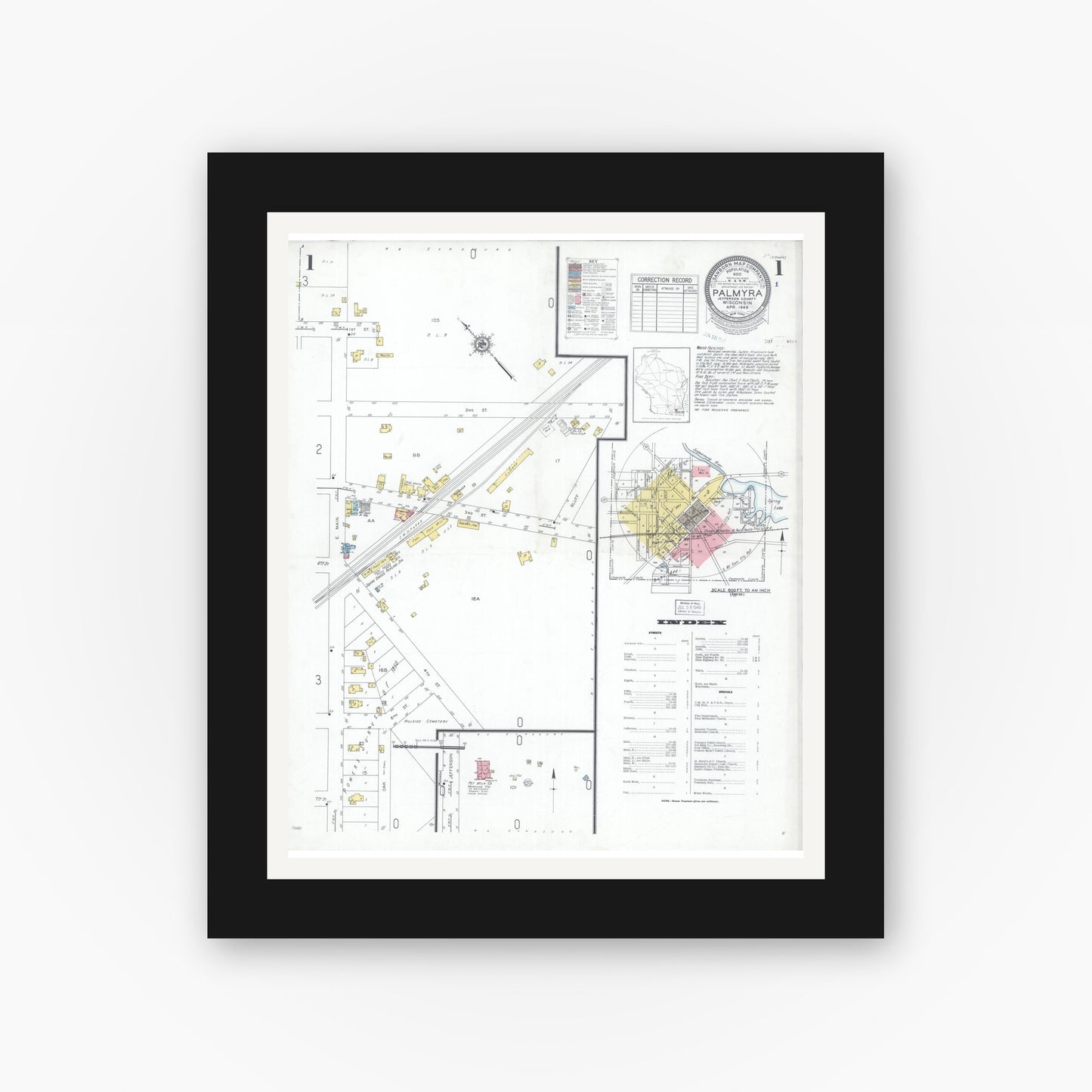 Old map wall art mockup — black gallery frame with white mat — Sanborn Fire Insurance Map from Palmyra, Jefferson County, Wisconsin (1949) - Complete Map Set