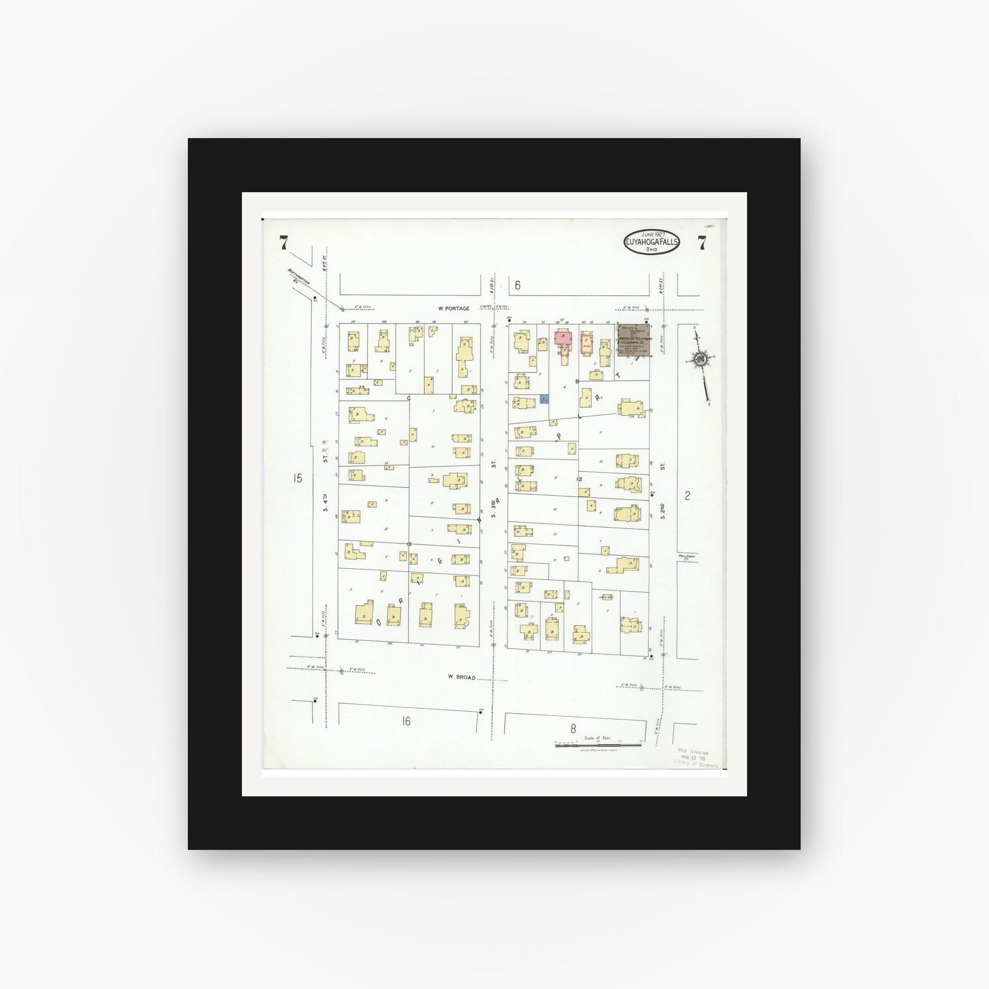 Old map wall art mockup — black gallery frame with white mat — Sanborn Fire Insurance Map from Cuyahoga Falls, Summit County, Ohio (1927), Sheet #0007
