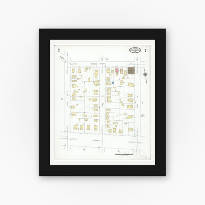 Old map wall art mockup — black gallery frame with white mat — Sanborn Fire Insurance Map from Cuyahoga Falls, Summit County, Ohio (1927), Sheet #0007