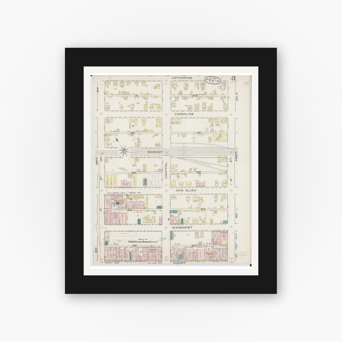 Old map wall art mockup — black gallery frame with white mat — Sanborn Fire Insurance Map from Pekin, Tazewell County, Illinois (1885), Sheet #0003