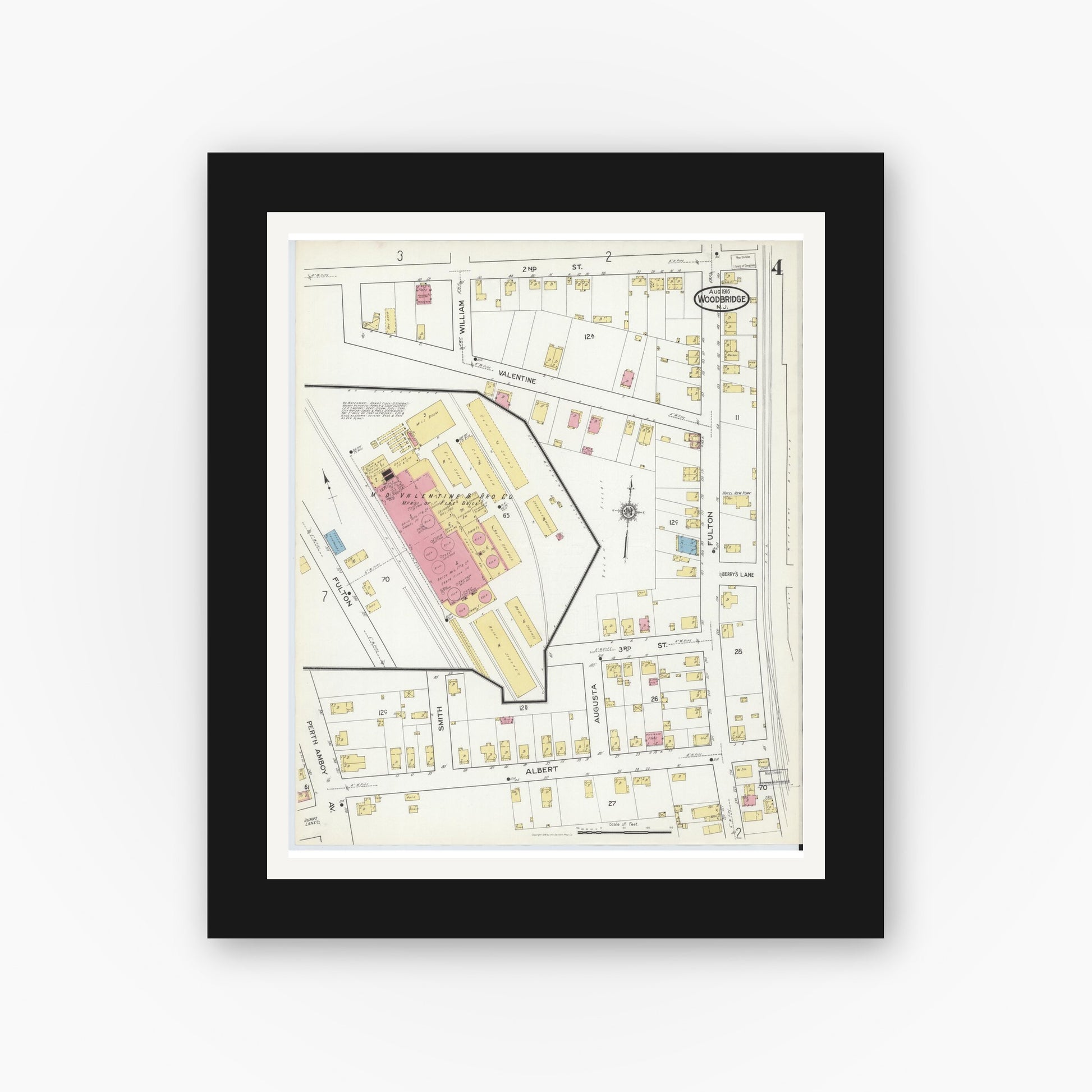 Old map wall art mockup — black gallery frame with white mat — Sanborn Fire Insurance Map from Woodbridge, Middlesex County, New Jersey (1916), Sheet #0004