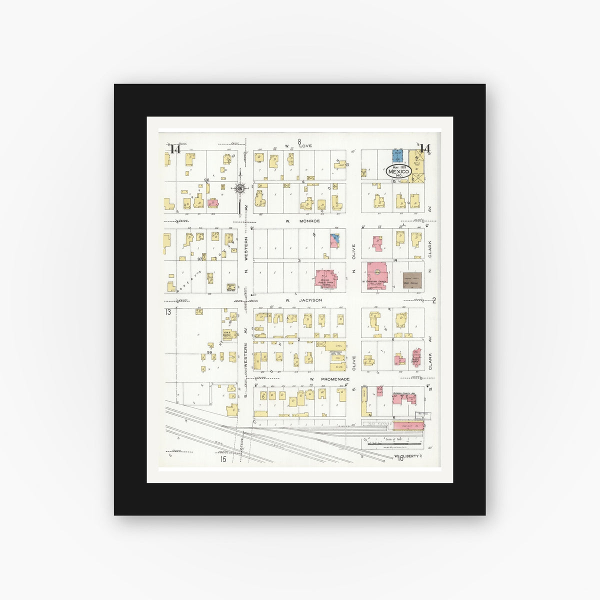 Old map wall art mockup — black gallery frame with white mat — Sanborn Fire Insurance Map from Mexico, Audrain County, Missouri (1926), Sheet #0014