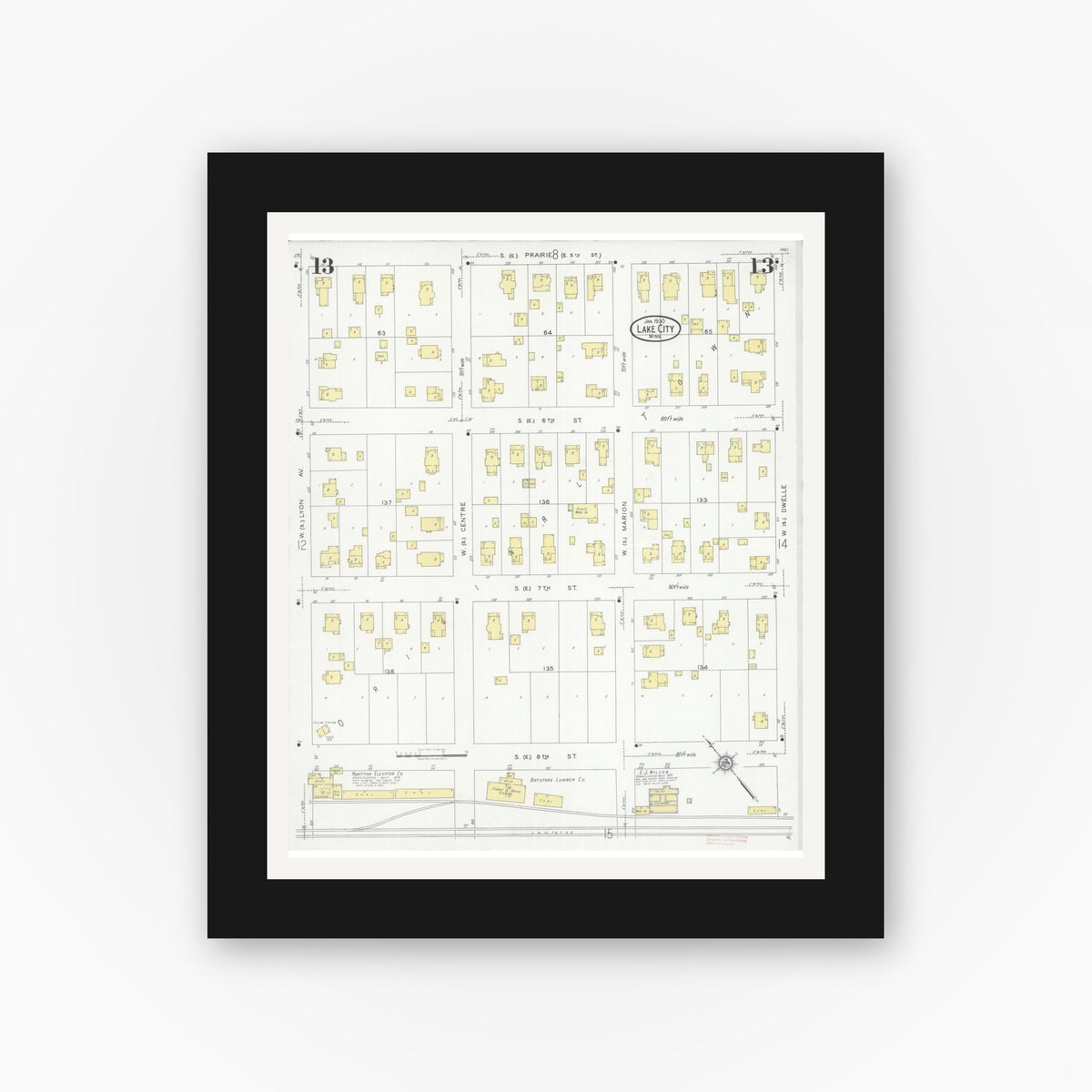 Old map wall art mockup — black gallery frame with white mat — Sanborn Fire Insurance Map from Lake City, Wabasha County, Minnesota (1930), Sheet #0013