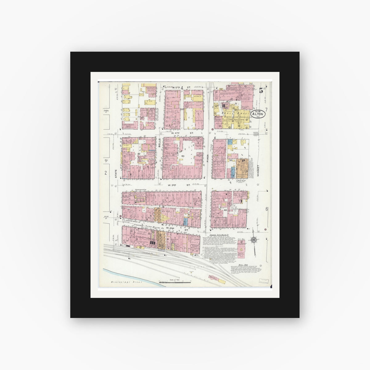 Old map wall art mockup — black gallery frame with white mat — Sanborn Fire Insurance Map from Alton, Madison County, Illinois (1915), Sheet #0005