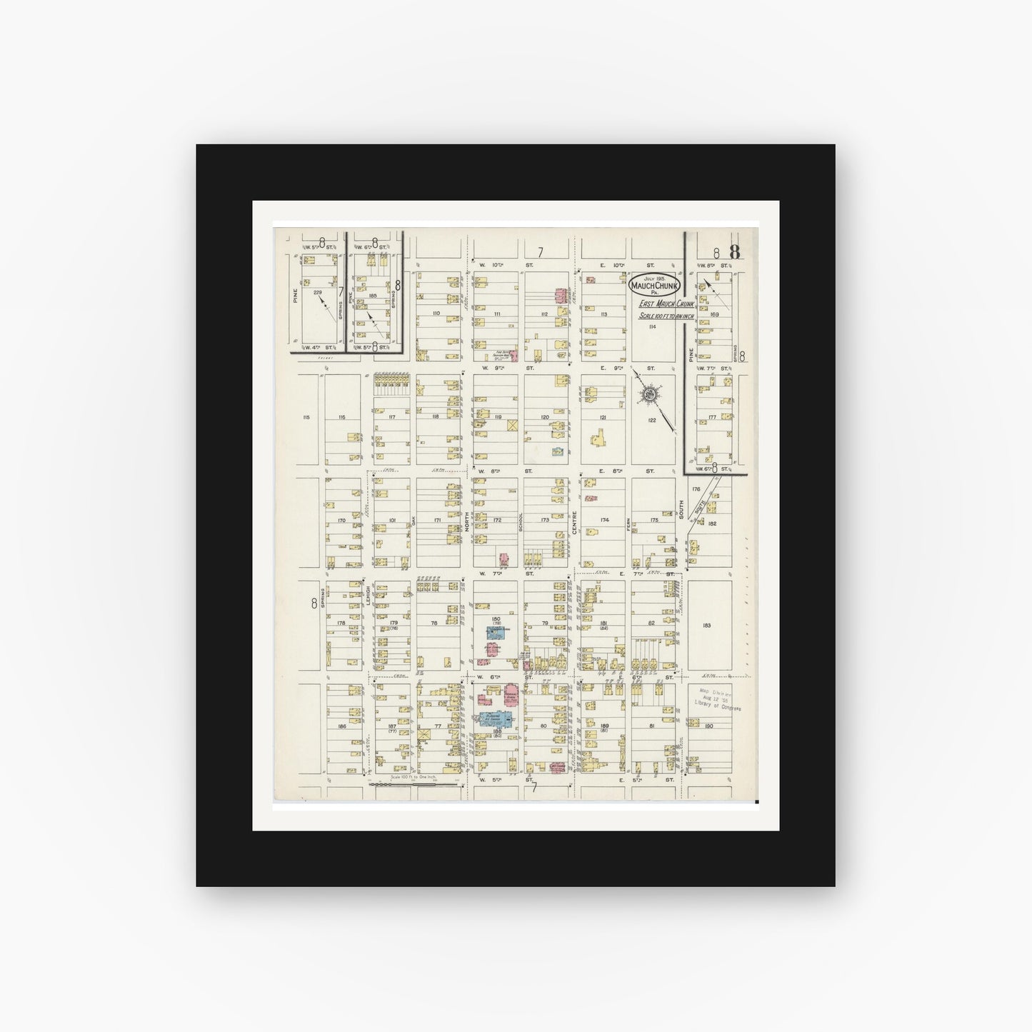 Old map wall art mockup — black gallery frame with white mat — Sanborn Fire Insurance Map from Mauch Chunk, Carbon County, Pennsylvania (1915), Sheet #0008