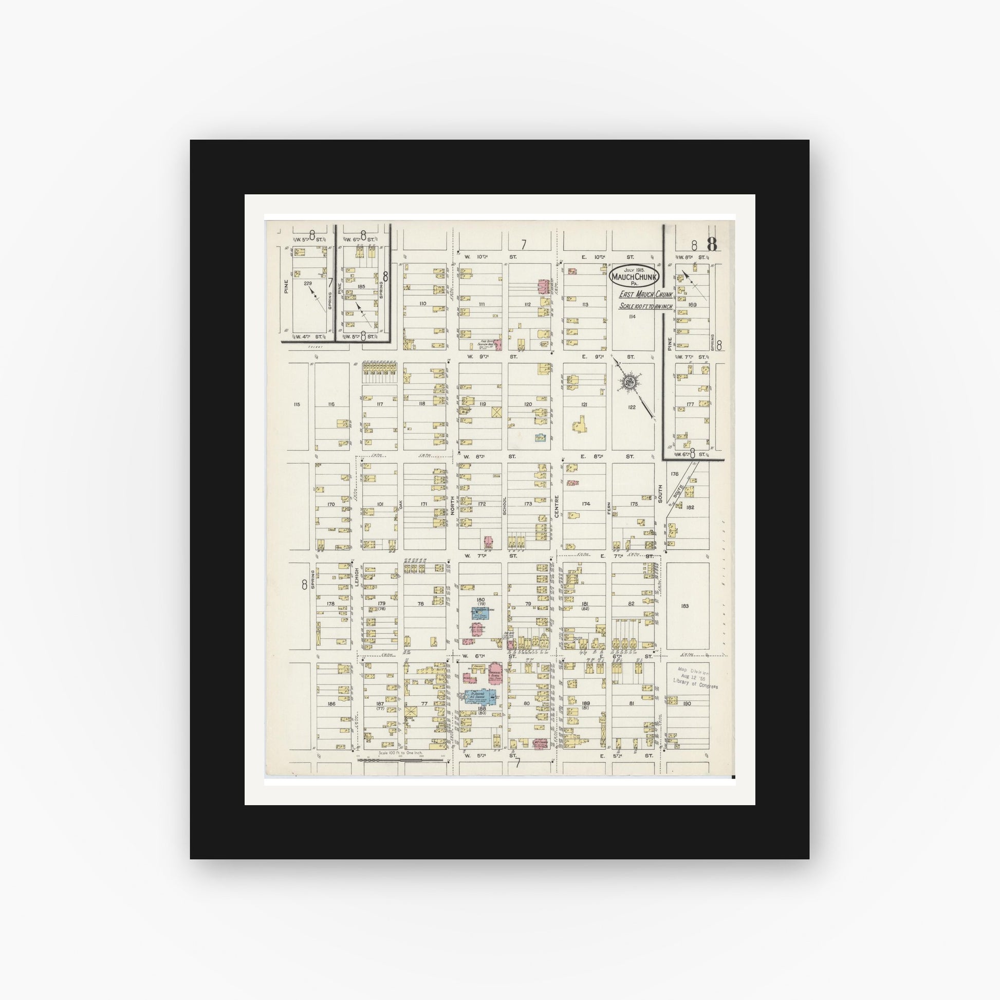 Old map wall art mockup — black gallery frame with white mat — Sanborn Fire Insurance Map from Mauch Chunk, Carbon County, Pennsylvania (1915), Sheet #0008