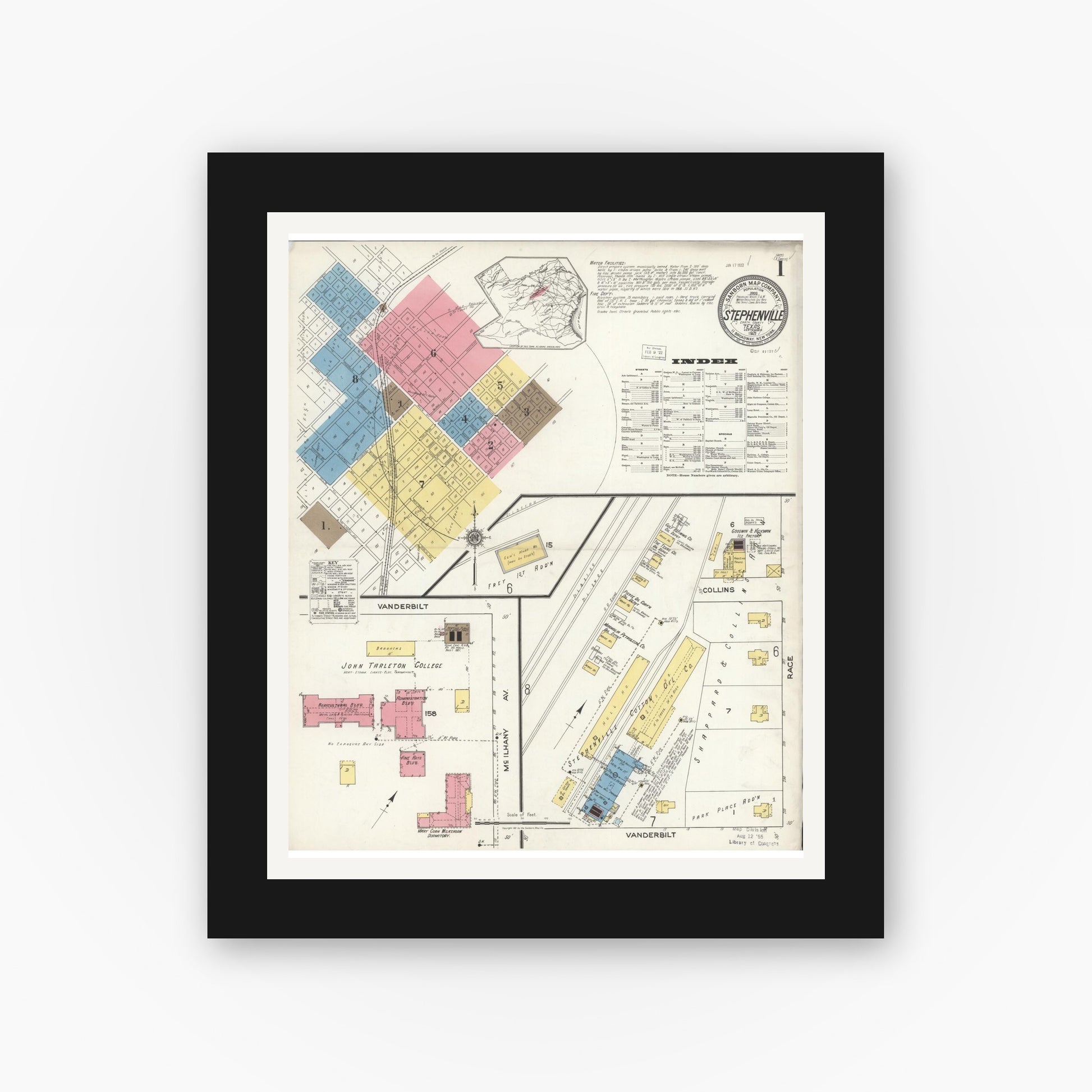 Old map wall art mockup — black gallery frame with white mat — Sanborn Fire Insurance Map from Stephenville, Erath County, Texas (1921), Sheet #0001