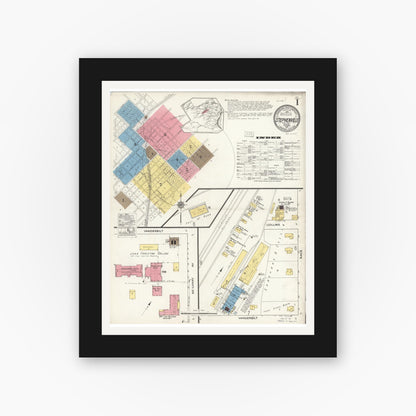 Old map wall art mockup — black gallery frame with white mat — Sanborn Fire Insurance Map from Stephenville, Erath County, Texas (1921), Sheet #0001