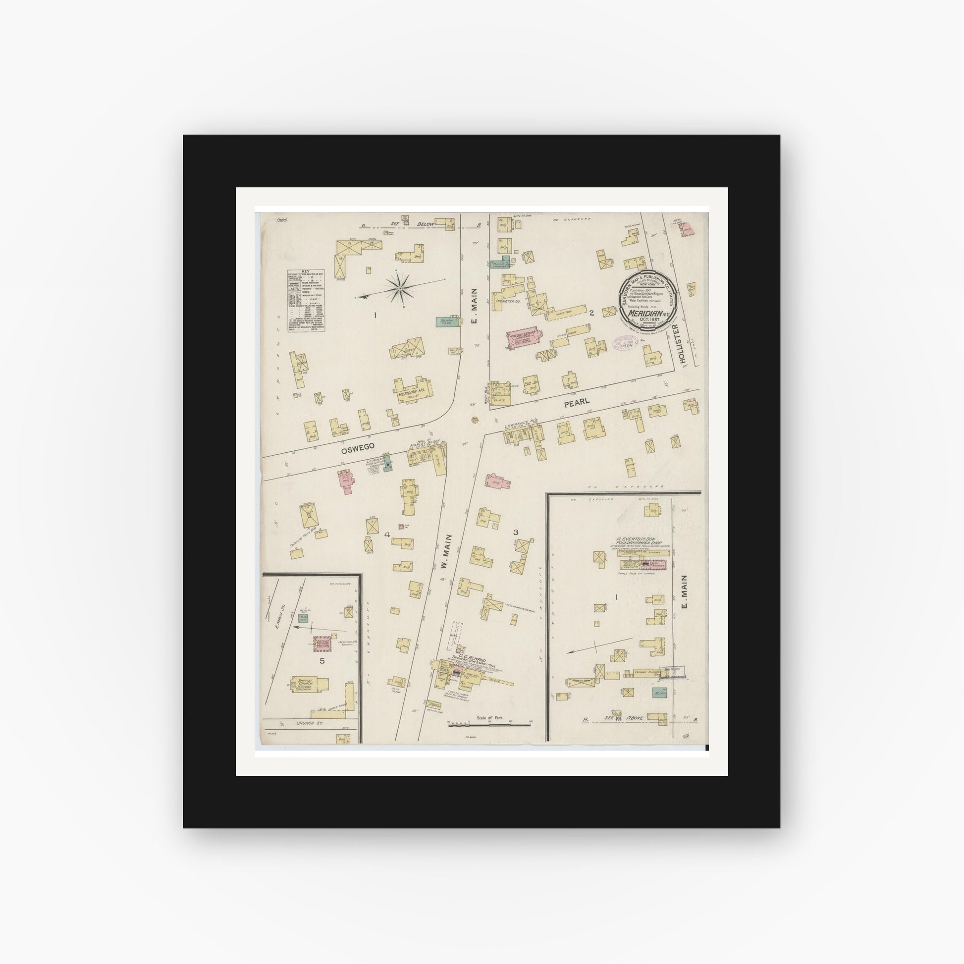 Old map wall art mockup — black gallery frame with white mat — Sanborn Fire Insurance Map from Meridian, Cayuga County, New York (1887), Sheet #0001