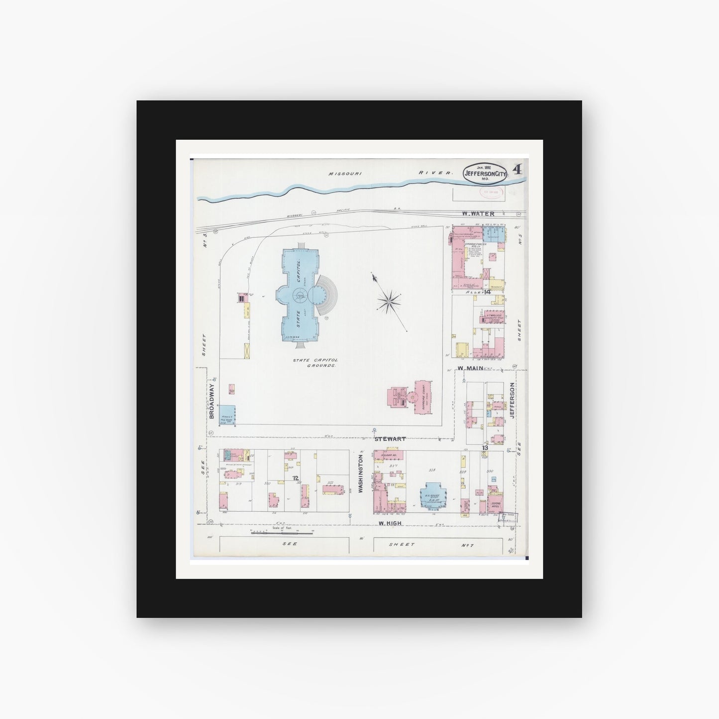 Old map wall art mockup — black gallery frame with white mat — Sanborn Fire Insurance Map from Jefferson City, Cole County, Missouri (1892), Sheet #0004